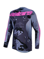 Alpinestars Maglia Racer Lone, maglia da motocross da uomo, grigio camo e viola, in poliestere traspirante con logo rosa.