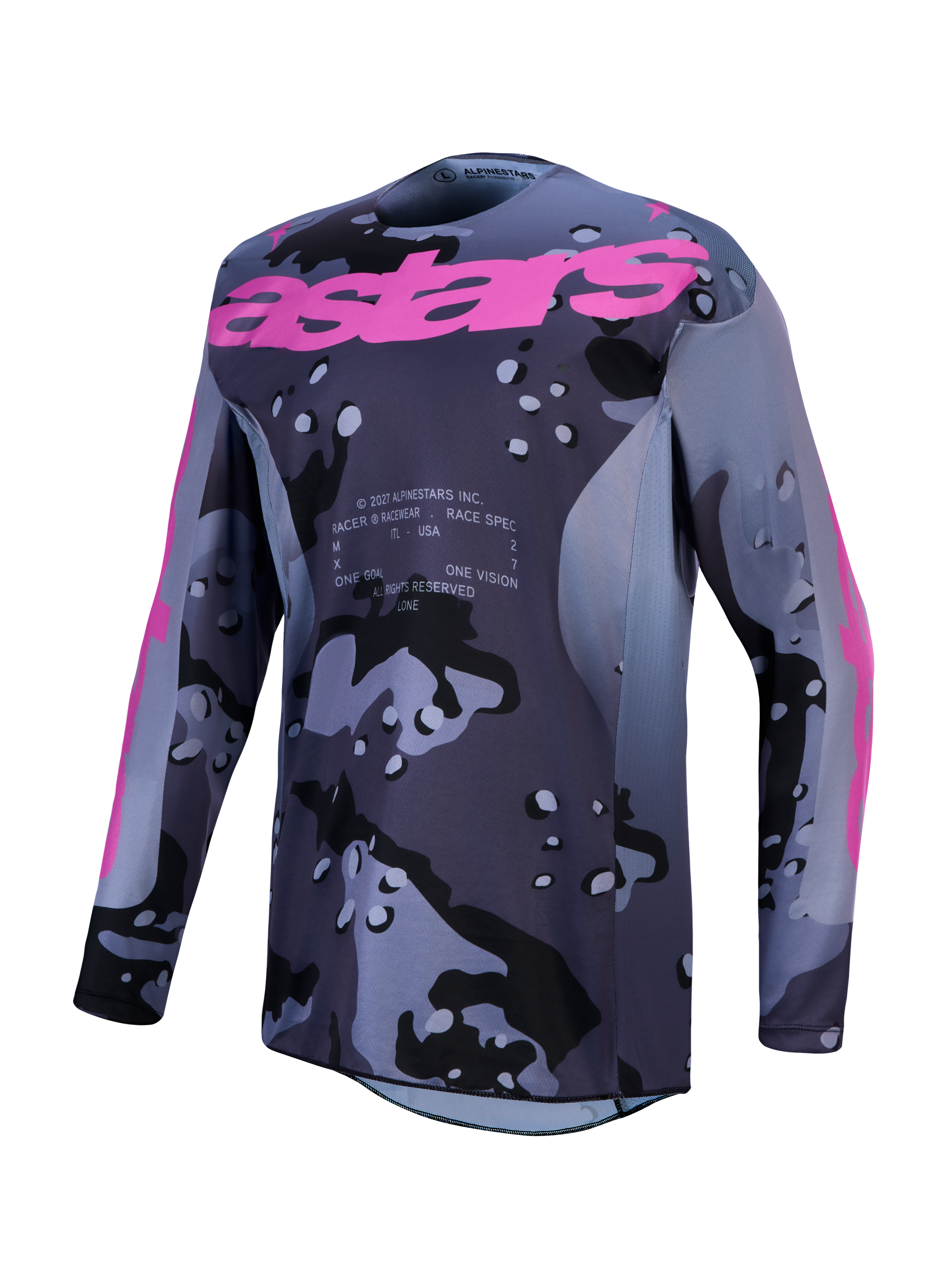 Alpinestars Maglia Racer Lone, maglia da motocross da uomo, grigio camo e viola, in poliestere traspirante con logo rosa.