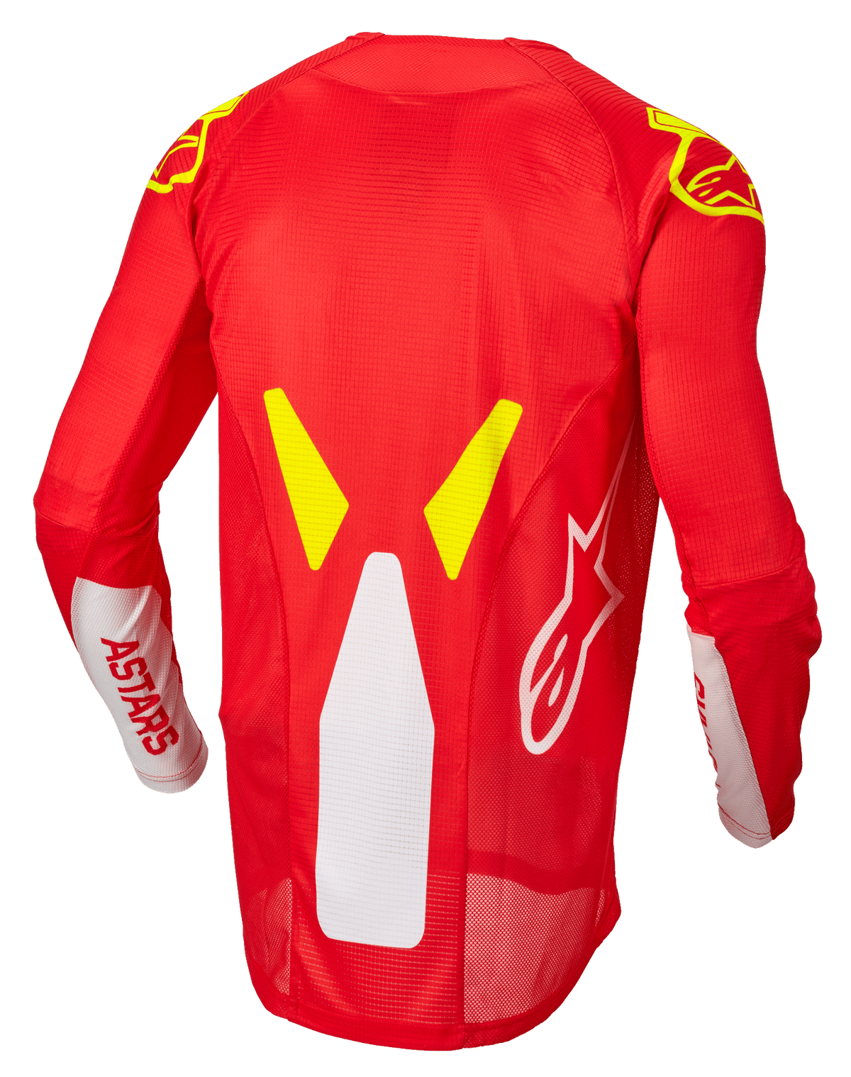 Alpinestars Techstar Factory Jersey, maglia da motocross, rosso fluo, bianco e giallo fluo, vista posteriore con pannelli di ventilazione in rete e profilo posteriore allungato, branding ASTARS bianco sulle maniche e accenti grafici giallo fluo sulle spalle