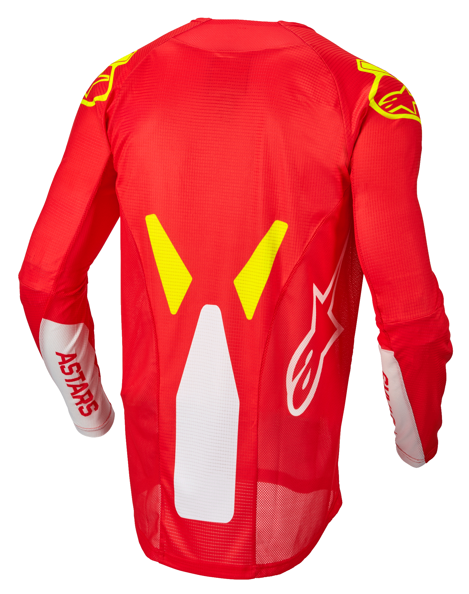 Alpinestars Techstar Factory Jersey, maglia da motocross, rosso fluo, bianco e giallo fluo, vista posteriore con pannelli di ventilazione in rete e profilo posteriore allungato, branding ASTARS bianco sulle maniche e accenti grafici giallo fluo sulle spalle