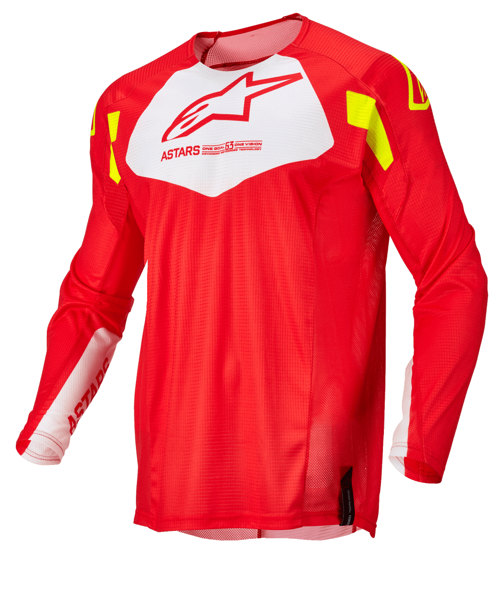 Alpinestars Techstar Factory Jersey, maglia da motocross, rosso fluo con pannello bianco sul petto e dettagli giallo fluo, tessuto mesh leggero e traspirante, design a maniche lunghe per gare fuoristrada