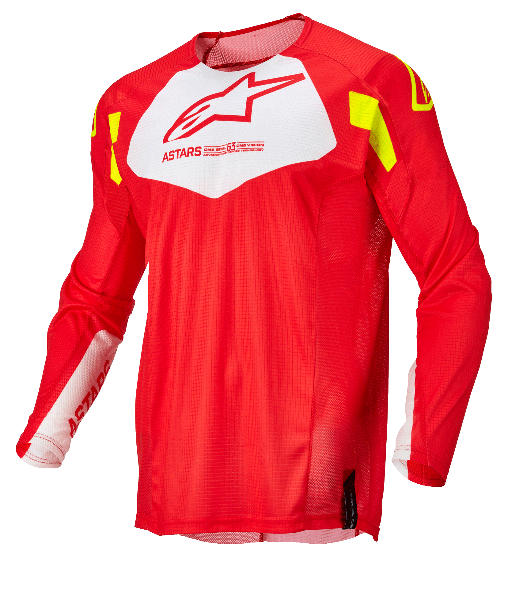 Alpinestars Techstar Factory Jersey, maglia da motocross, rosso fluo con pannello bianco sul petto e dettagli giallo fluo, tessuto mesh leggero e traspirante, design a maniche lunghe per gare fuoristrada