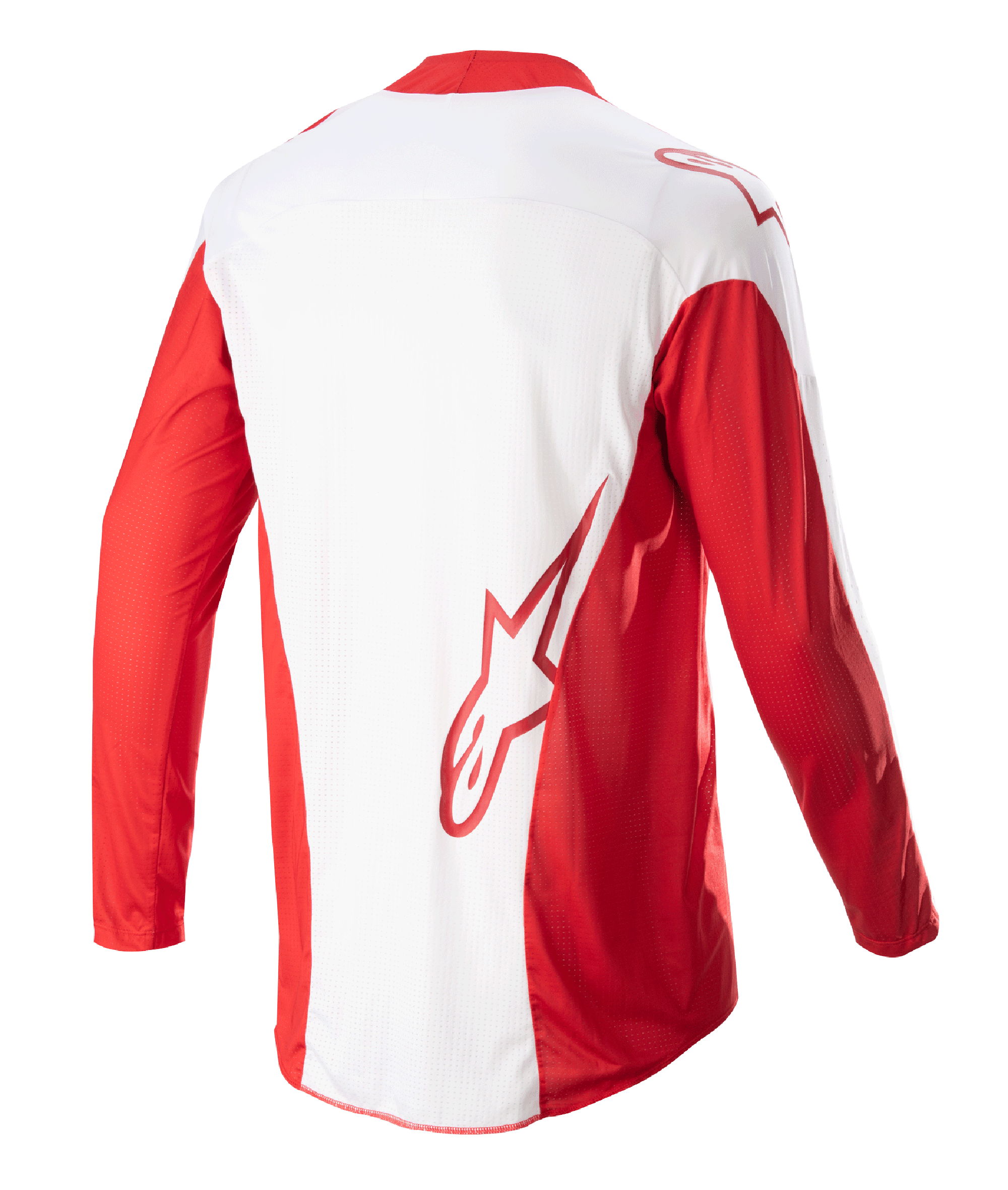 Alpinestars Maglia Techstar Arch 2023, maglia da motocross, rosso marte e bianco, vista posteriore con pannello centrale bianco e maniche lunghe rosse, logo Astars rosso sulla parte inferiore della schiena, pannelli di ventilazione in mesh e parte posteriore allungata per copertura nel racing fuoristrada.