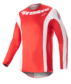Alpinestars Techstar Arch Jersey 2023, maglia da motocross, rosso Marte e bianco, scritta Alpinestars bianca sul petto, tessuto tecnico traforato, maniche lunghe con dettagli bianchi, design sportivo per corse fuoristrada