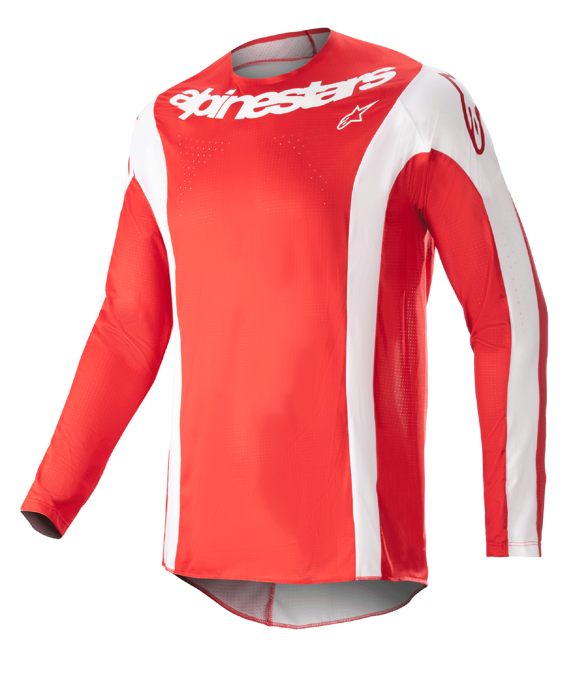 Alpinestars Techstar Arch Jersey 2023, maglia da motocross, rosso Marte e bianco, scritta Alpinestars bianca sul petto, tessuto tecnico traforato, maniche lunghe con dettagli bianchi, design sportivo per corse fuoristrada