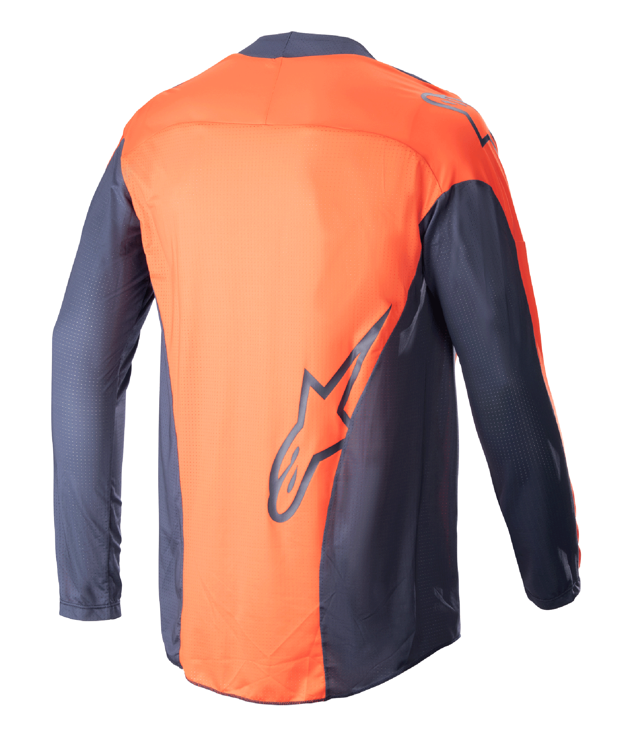Alpinestars Techstar Arch Jersey 2023, maglia da motocross, blu notte e arancione acceso, vista posteriore, costruzione in mesh leggera, con un grande logo Alpinestars sulla parte inferiore della schiena, parte posteriore allungata per una maggiore copertura