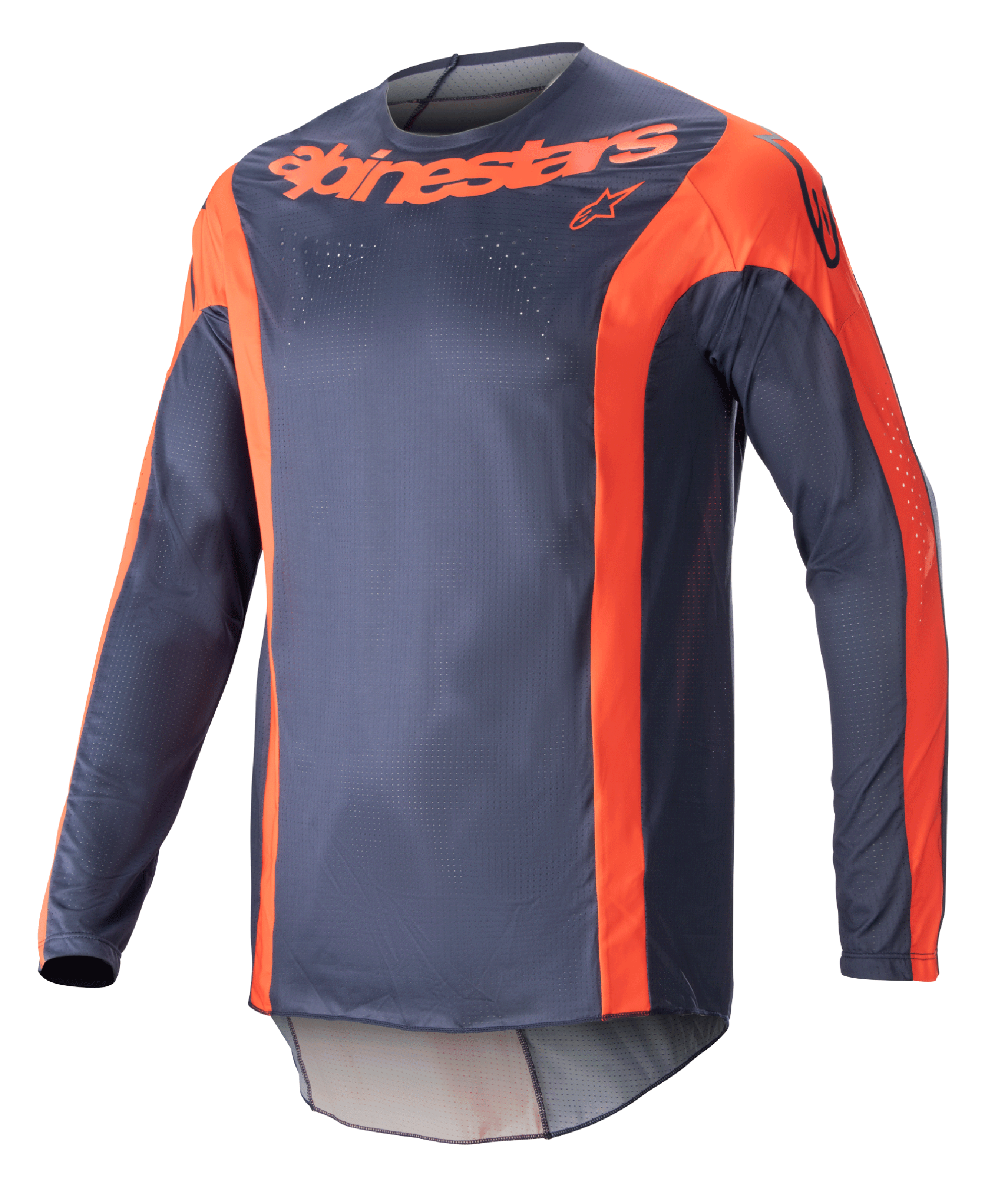 Alpinestars Maglia Techstar Arch 2023, maglia da motocross a maniche lunghe, blu notte e arancione acceso, con accenti arancioni verticali e marchio sul petto, tessuto mesh leggero per prestazioni fuoristrada