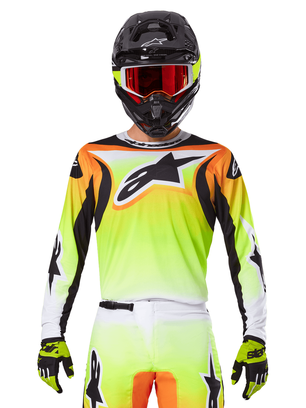 Alpinestars 2025 Fluid Wurx Jersey, maglia da motocross, giallo neon, arancione e bianco, indossata con pantaloni coordinati e casco nero con occhiali rossi, completo da motocross su pilota