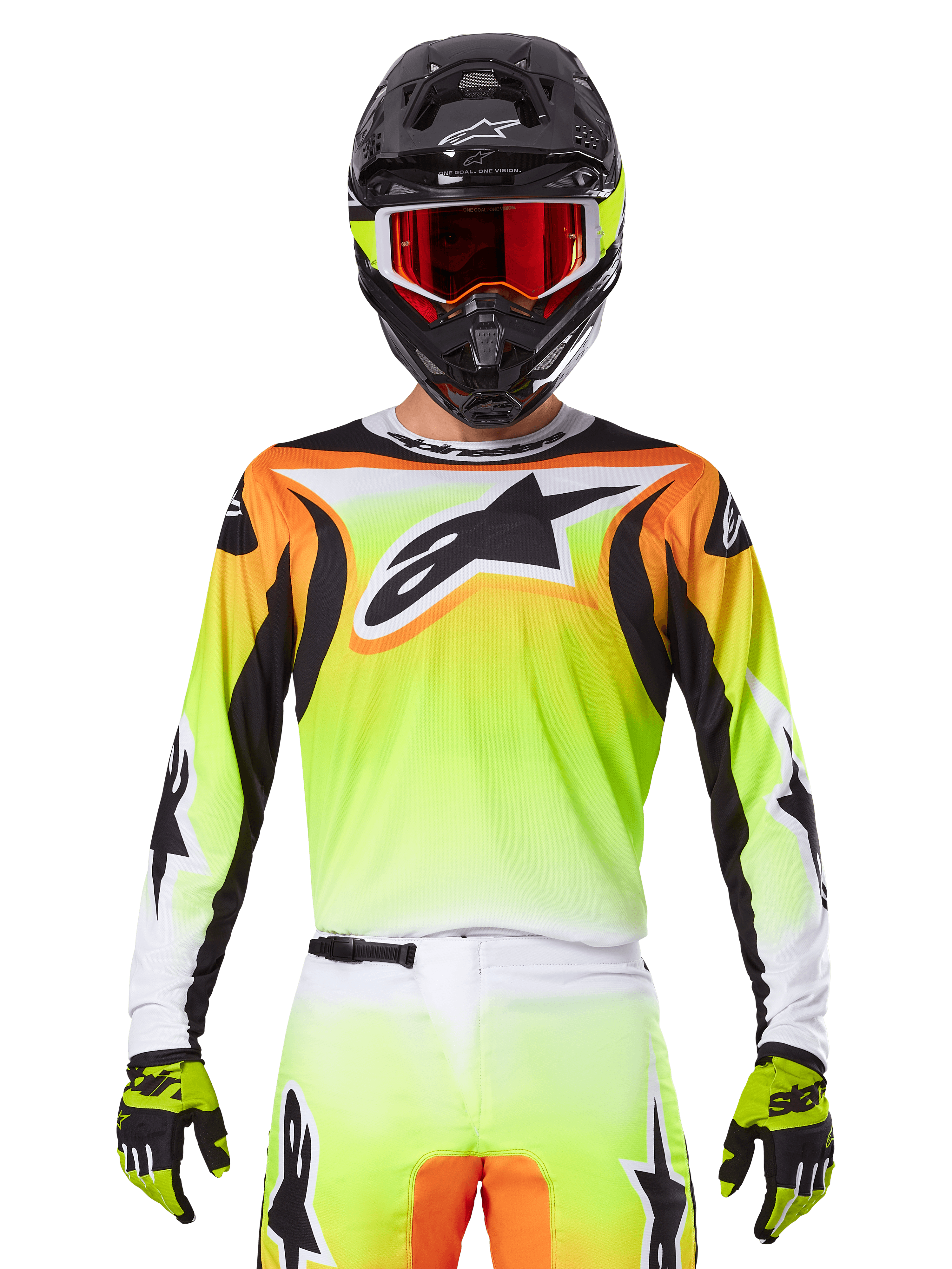 Alpinestars 2025 Fluid Wurx Jersey, maglia da motocross, giallo neon, arancione e bianco, indossata con pantaloni coordinati e casco nero con occhiali rossi, completo da motocross su pilota