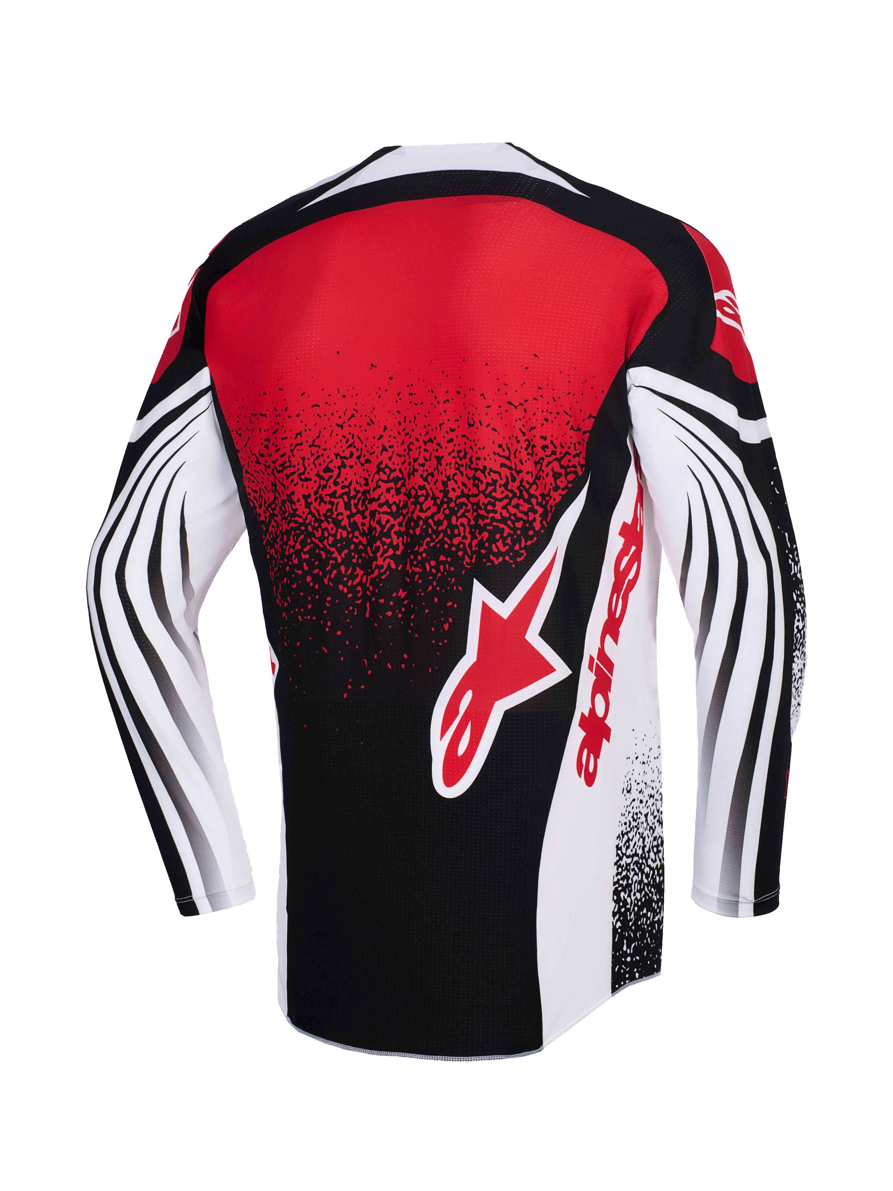 Alpinestars 2026 Techstar Nomur Jersey, maglia da motocross, nero, bianco e rosso, vista posteriore con un grande logo Alpinestars rosso, effetto sfumato punteggiato e motivi curvi dinamici sulle maniche lunghe, abbigliamento racing ad alte prestazioni