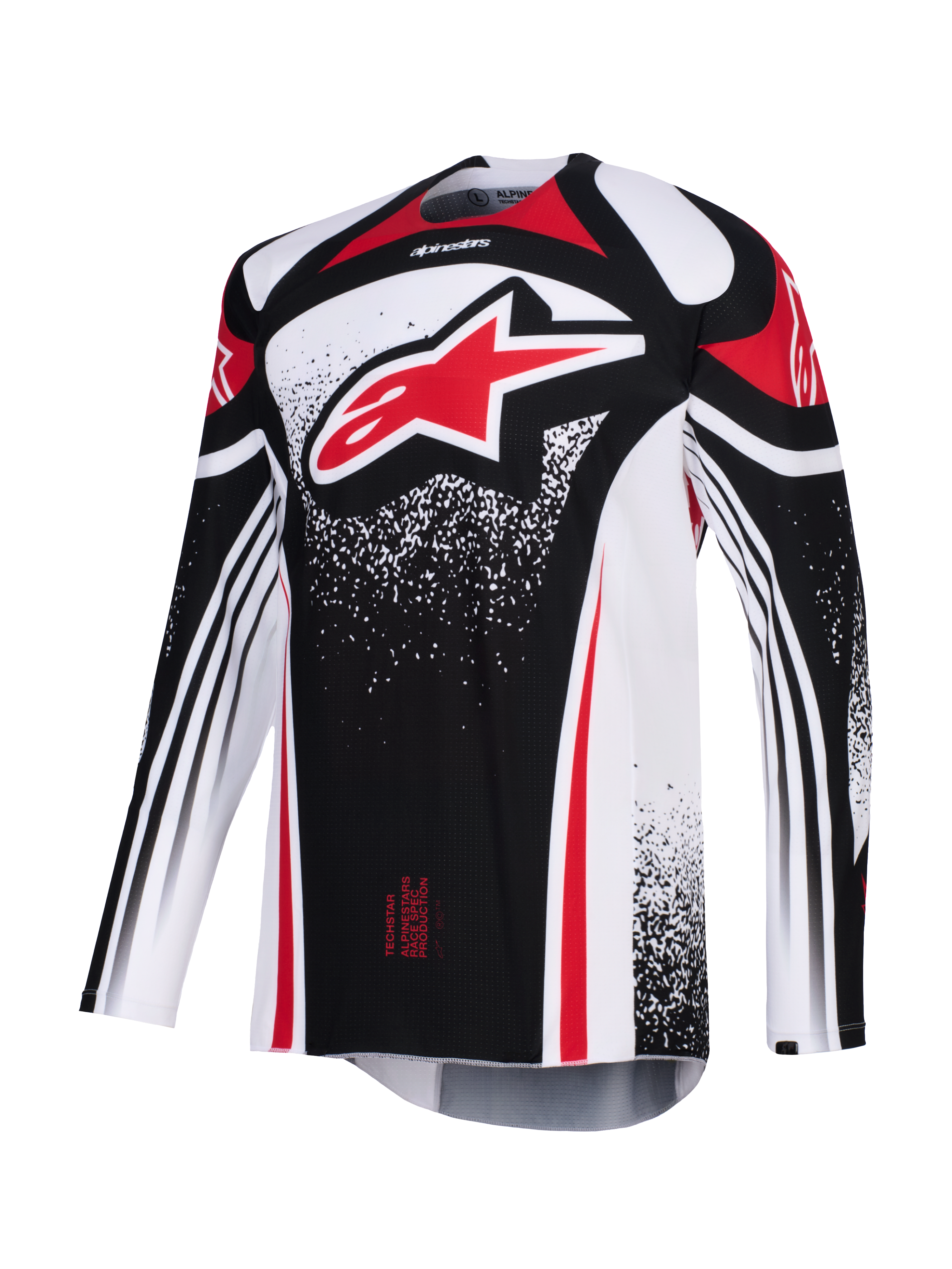 Alpinestars Techstar Nomur Jersey 2026, maglia da motocross, nero, bianco e rosso, con un grande logo Astars rosso sul petto, grafiche puntinate, maniche lunghe e vestibilità atletica da gara per competizioni off-road ad alte prestazioni.