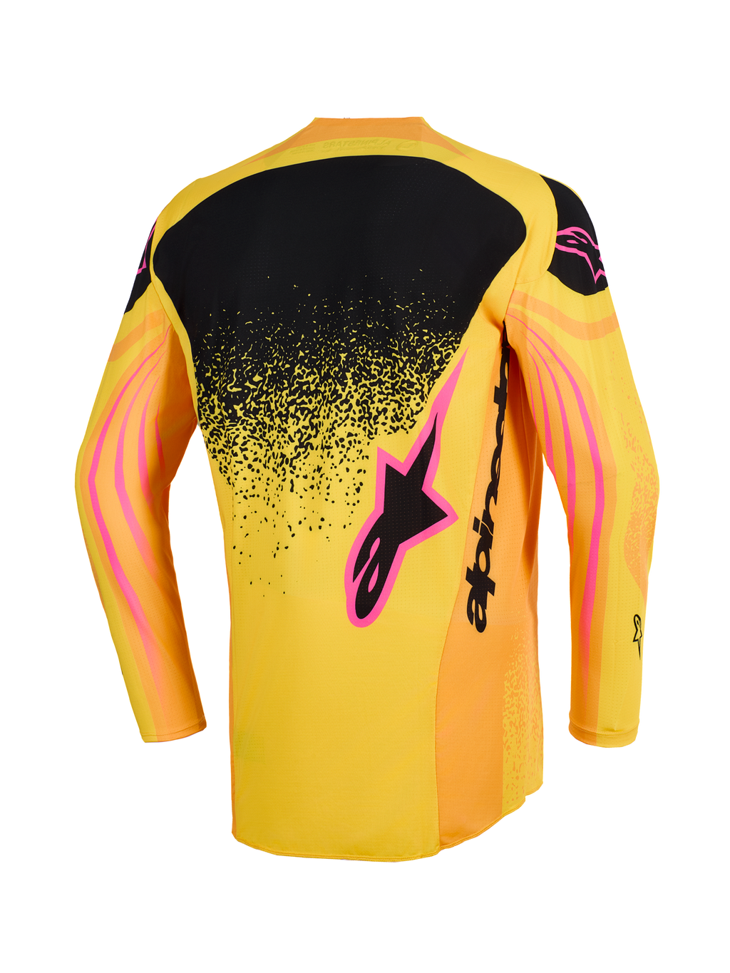 Alpinestars Techstar Nomur Jersey 2026, maglia da motocross, arancione, giallo e rosa, vista posteriore con pannello superiore nero a sfumatura punteggiata, dettagli del logo rosa e motivi grafici a onde sulle maniche.