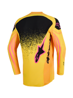 Alpinestars Techstar Nomur Jersey 2026, maglia da motocross, arancione, giallo e rosa, vista posteriore con pannello superiore nero a sfumatura punteggiata, dettagli del logo rosa e motivi grafici a onde sulle maniche.