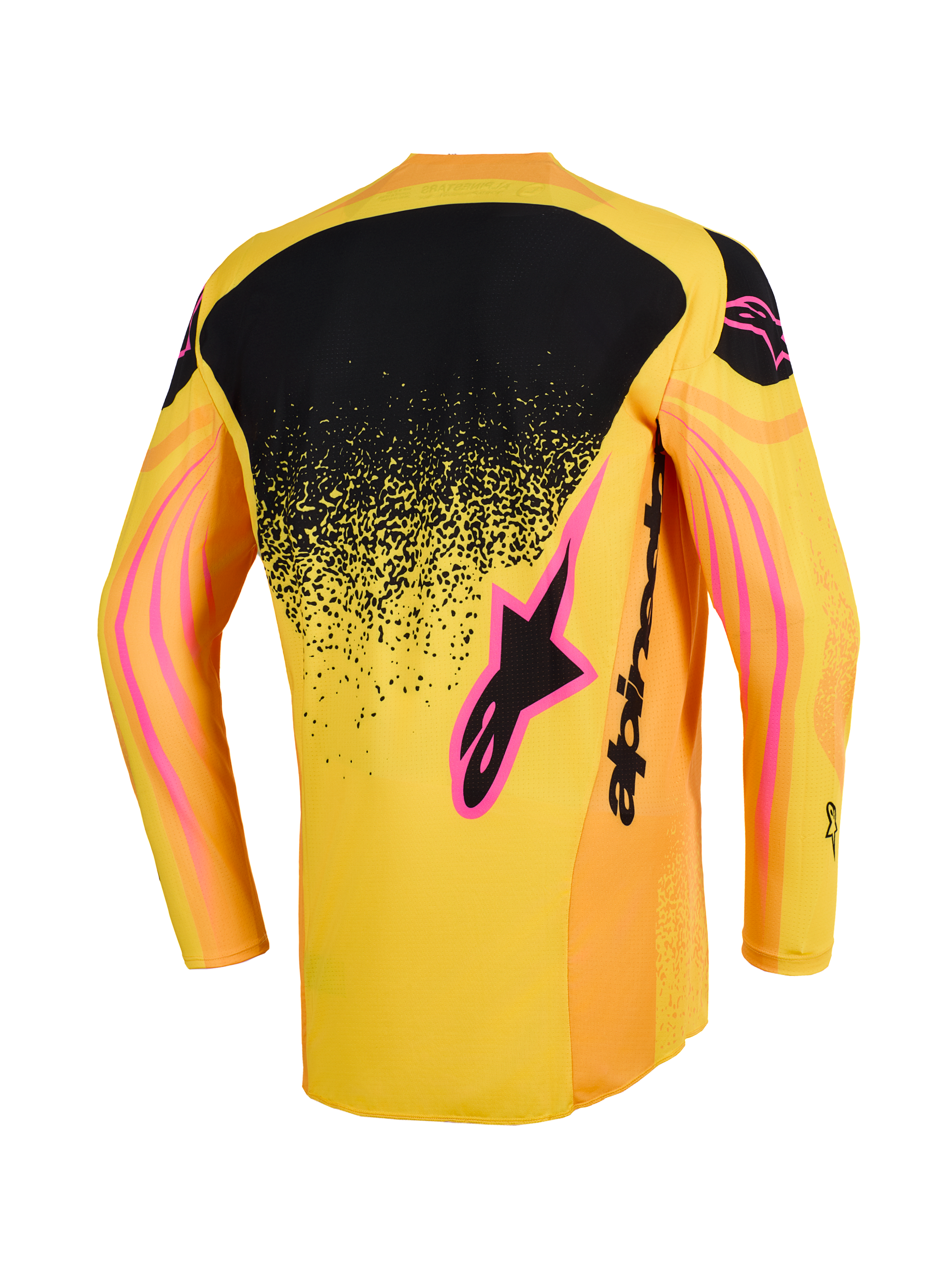 Alpinestars Techstar Nomur Jersey 2026, maglia da motocross, arancione, giallo e rosa, vista posteriore con pannello superiore nero a sfumatura punteggiata, dettagli del logo rosa e motivi grafici a onde sulle maniche.