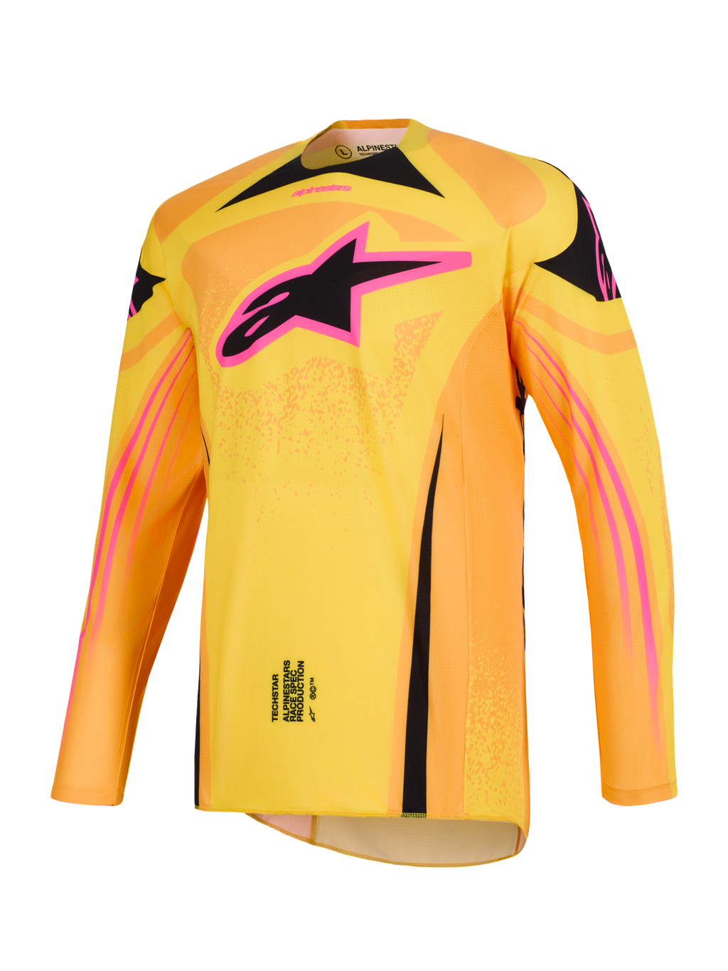 Maglia Techstar Nomur 2026 Alpinestars, maglia da motocross in arancione, giallo e rosa, con un prominente logo Alpinestars a stella rosa e nero sul petto, maniche lunghe con vestibilità atletica da gara, capo tecnico per competizioni off-road