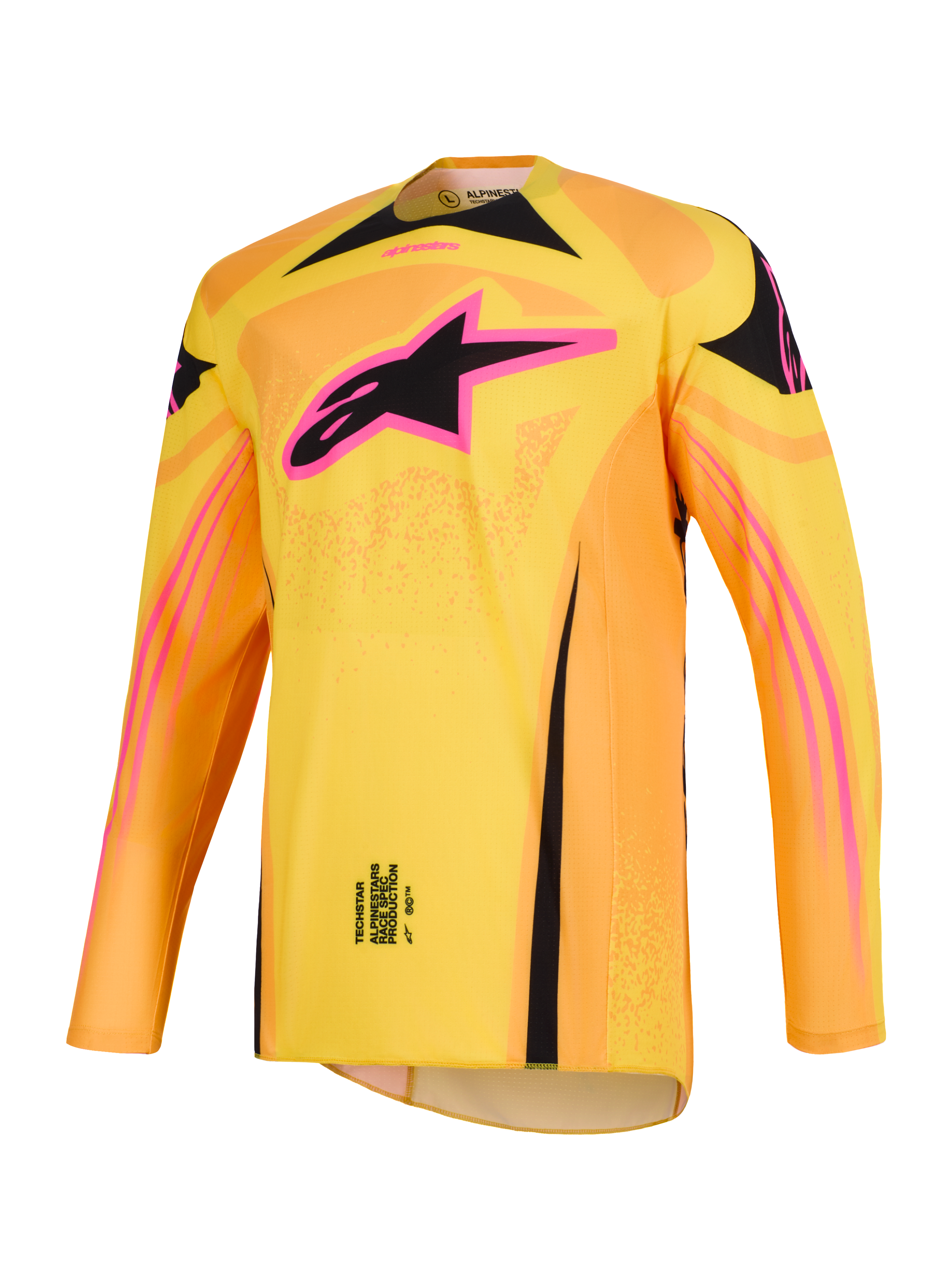 Maglia Techstar Nomur 2026 Alpinestars, maglia da motocross in arancione, giallo e rosa, con un prominente logo Alpinestars a stella rosa e nero sul petto, maniche lunghe con vestibilità atletica da gara, capo tecnico per competizioni off-road