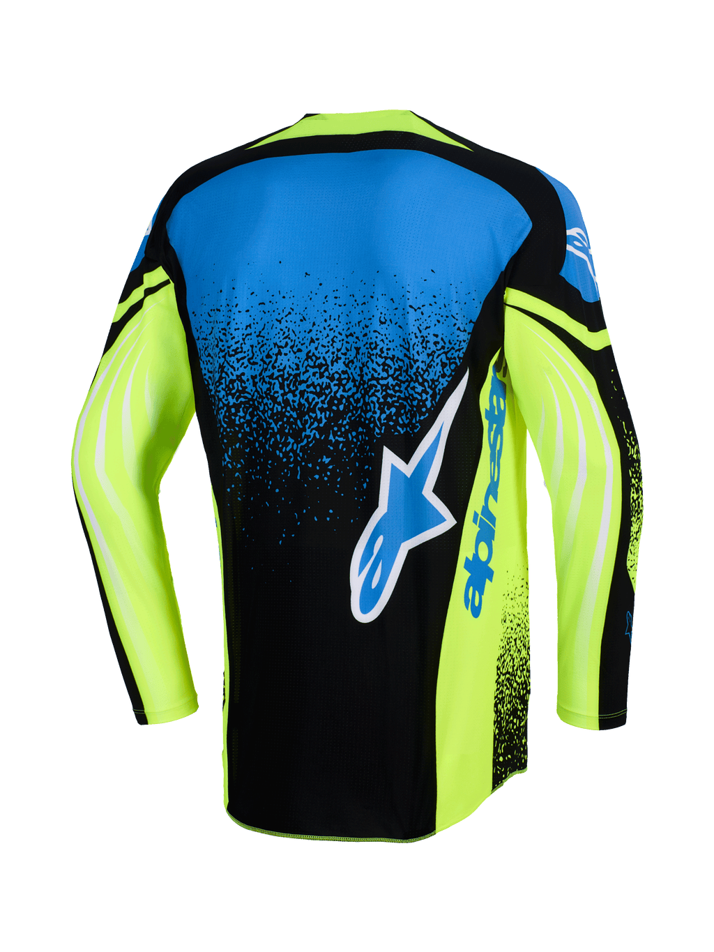 Alpinestars Techstar Nomur Jersey 2026, vista posteriore, maglia da motocross, blu navy, giallo fluo e blu, con un grande logo Alpinestars sul retro, maniche giallo neon con accenti grafici, vestibilità atletica racing
