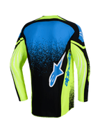 Alpinestars Techstar Nomur Jersey 2026, vista posteriore, maglia da motocross, blu navy, giallo fluo e blu, con un grande logo Alpinestars sul retro, maniche giallo neon con accenti grafici, vestibilità atletica racing
