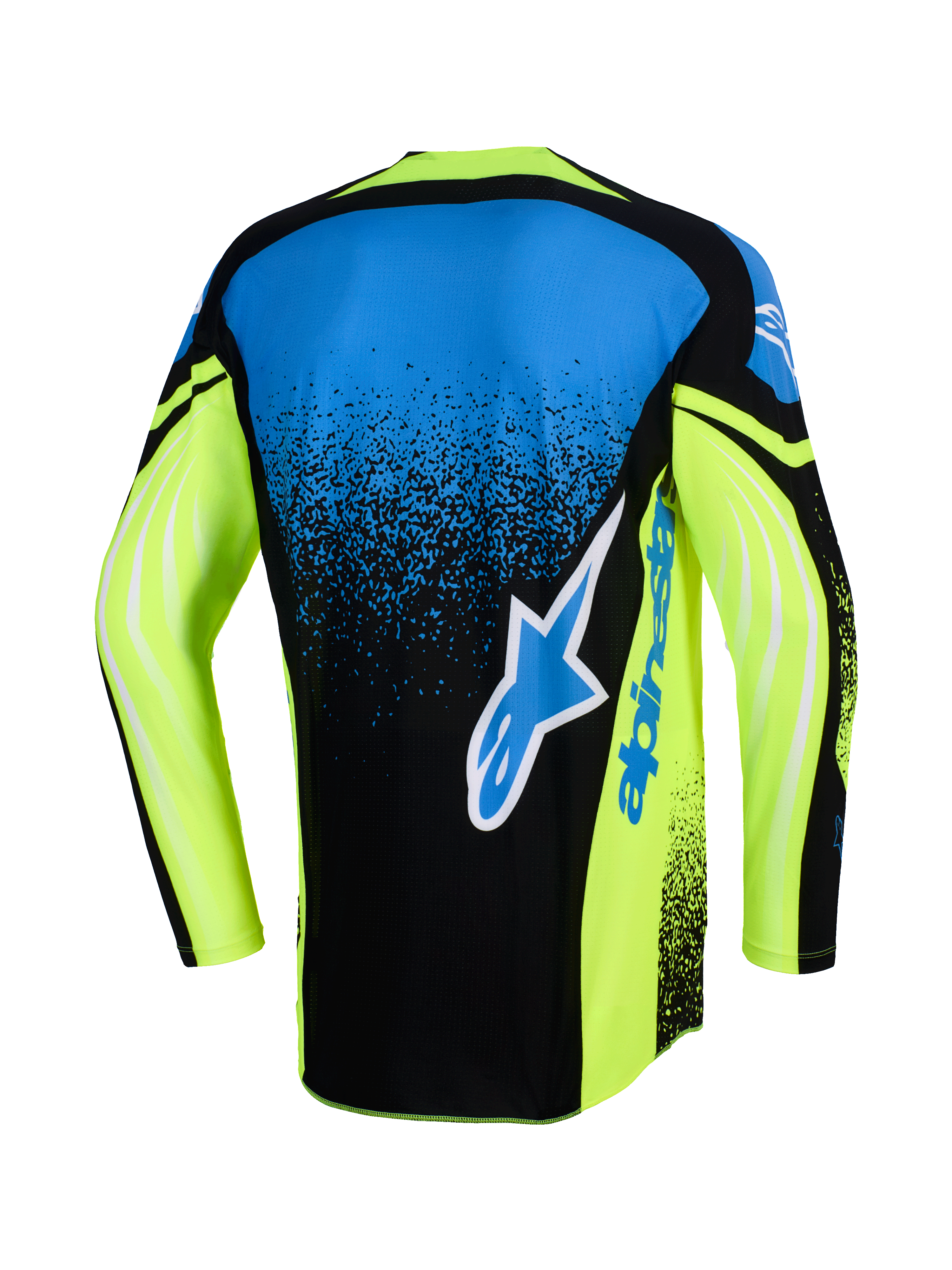 Alpinestars Techstar Nomur Jersey 2026, vista posteriore, maglia da motocross, blu navy, giallo fluo e blu, con un grande logo Alpinestars sul retro, maniche giallo neon con accenti grafici, vestibilità atletica racing