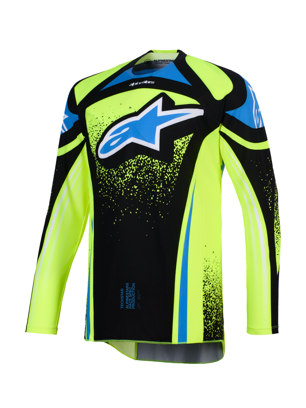 Alpinestars Maglia Techstar Nomur 2026, maglia da motocross, giallo fluo e nero con accenti blu, grande logo Astar blu e bianco sul petto, dettagli grafici effetto splatter, maniche lunghe, abbigliamento tecnico da competizione off-road