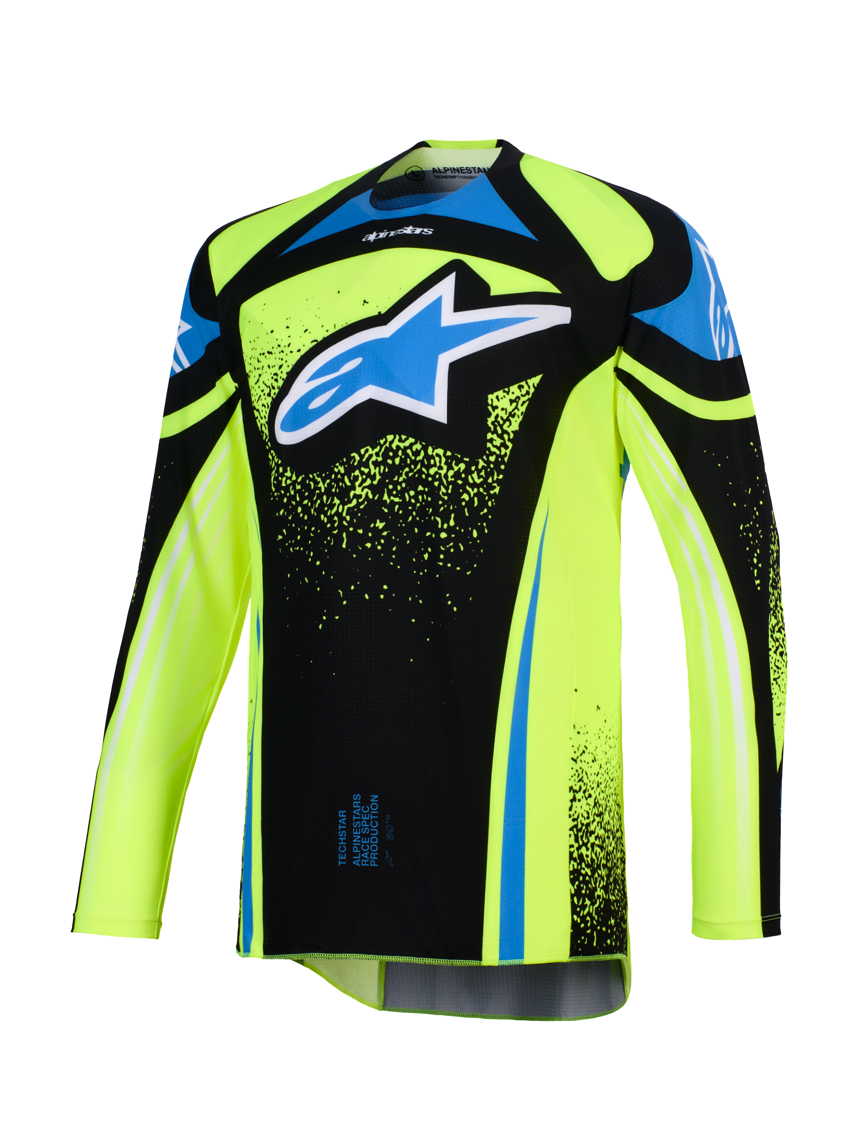 Alpinestars Maglia Techstar Nomur 2026, maglia da motocross, giallo fluo e nero con accenti blu, grande logo Astar blu e bianco sul petto, dettagli grafici effetto splatter, maniche lunghe, abbigliamento tecnico da competizione off-road