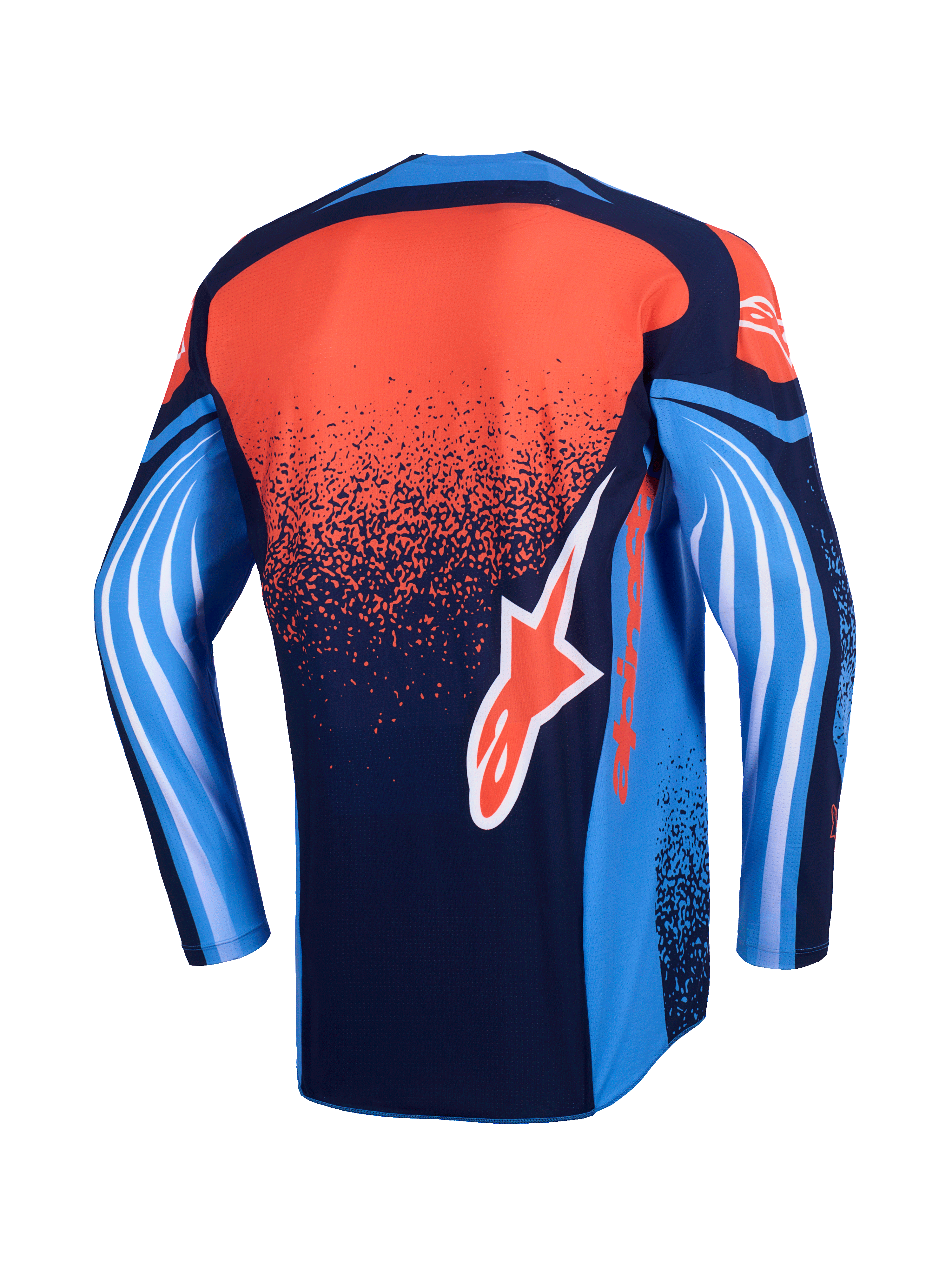Alpinestars Techstar Nomur Jersey 2026, maglia da motocross, vista posteriore, blu navy scuro, arancione e blu UCLA, con sfumatura arancione puntinata sul retro, maniche blu con grafiche bianche a onda e logo Alpinestars arancione sulla parte inferiore.