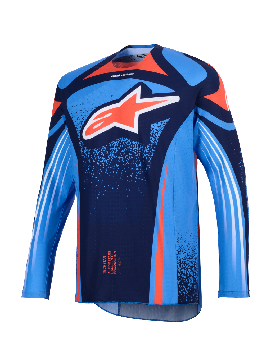 Alpinestars Maglia Techstar Nomur 2026, maglia da motocross, blu scuro e azzurro UCLA con accenti arancioni, grande logo Astars bianco sul petto e strisce diagonali sulle maniche lunghe, vestibilità atletica per prestazioni off-road