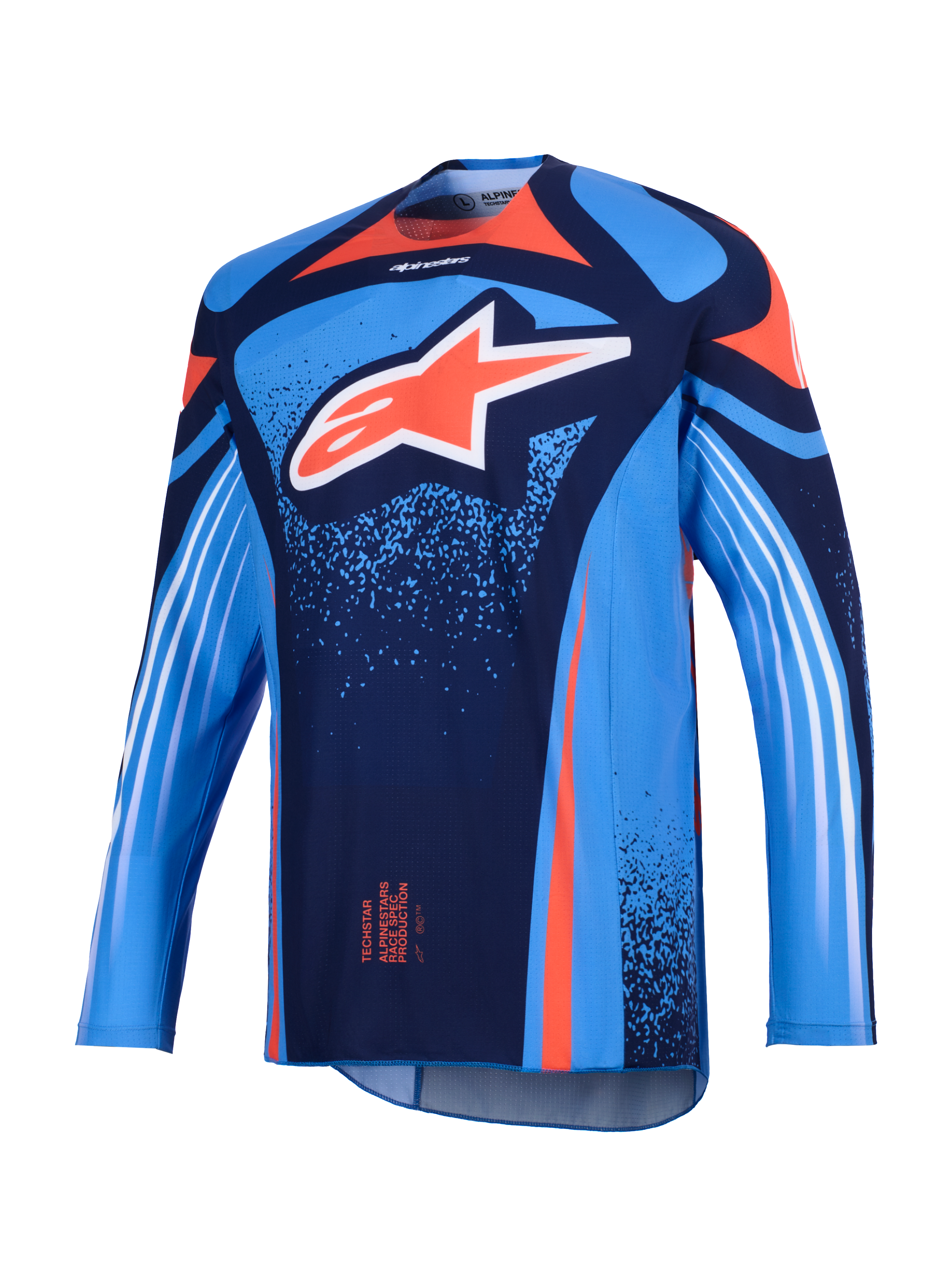 Alpinestars Maglia Techstar Nomur 2026, maglia da motocross, blu scuro e azzurro UCLA con accenti arancioni, grande logo Astars bianco sul petto e strisce diagonali sulle maniche lunghe, vestibilità atletica per prestazioni off-road