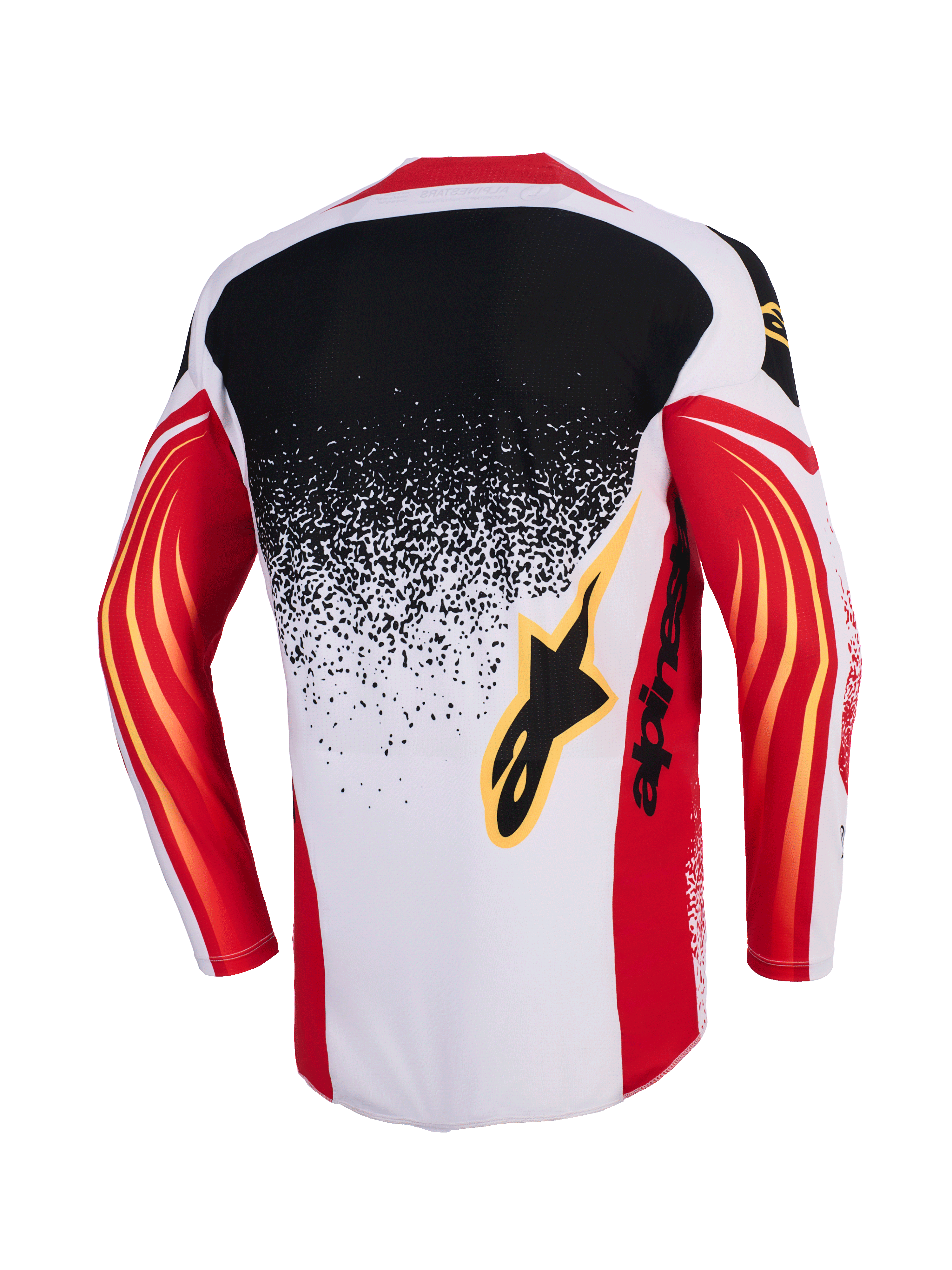 Alpinestars 2026 Techstar Nomur Jersey, maglia da motocross, grigio chiaro rosso e nero, vista posteriore con design a macchie sfumate dal nero al grigio chiaro, maniche rosse con accenti curvi gialli e logo Alpinestars nero sul retro.