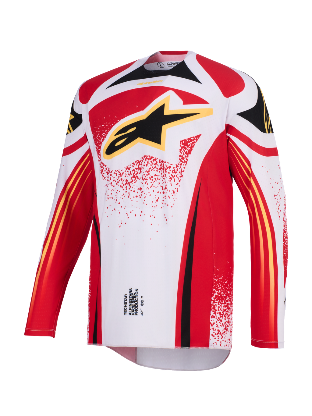 Alpinestars 2026 Techstar Nomur Jersey, maglia da motocross, bianco, rosso e nero, con grande logo Astar nero con bordo giallo sul petto, vestibilità atletica race fit a maniche lunghe e grafiche per corse off-road