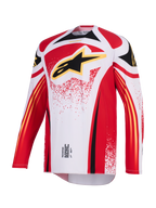 Alpinestars 2026 Techstar Nomur Jersey, maglia da motocross, bianco, rosso e nero, con grande logo Astar nero con bordo giallo sul petto, vestibilità atletica race fit a maniche lunghe e grafiche per corse off-road