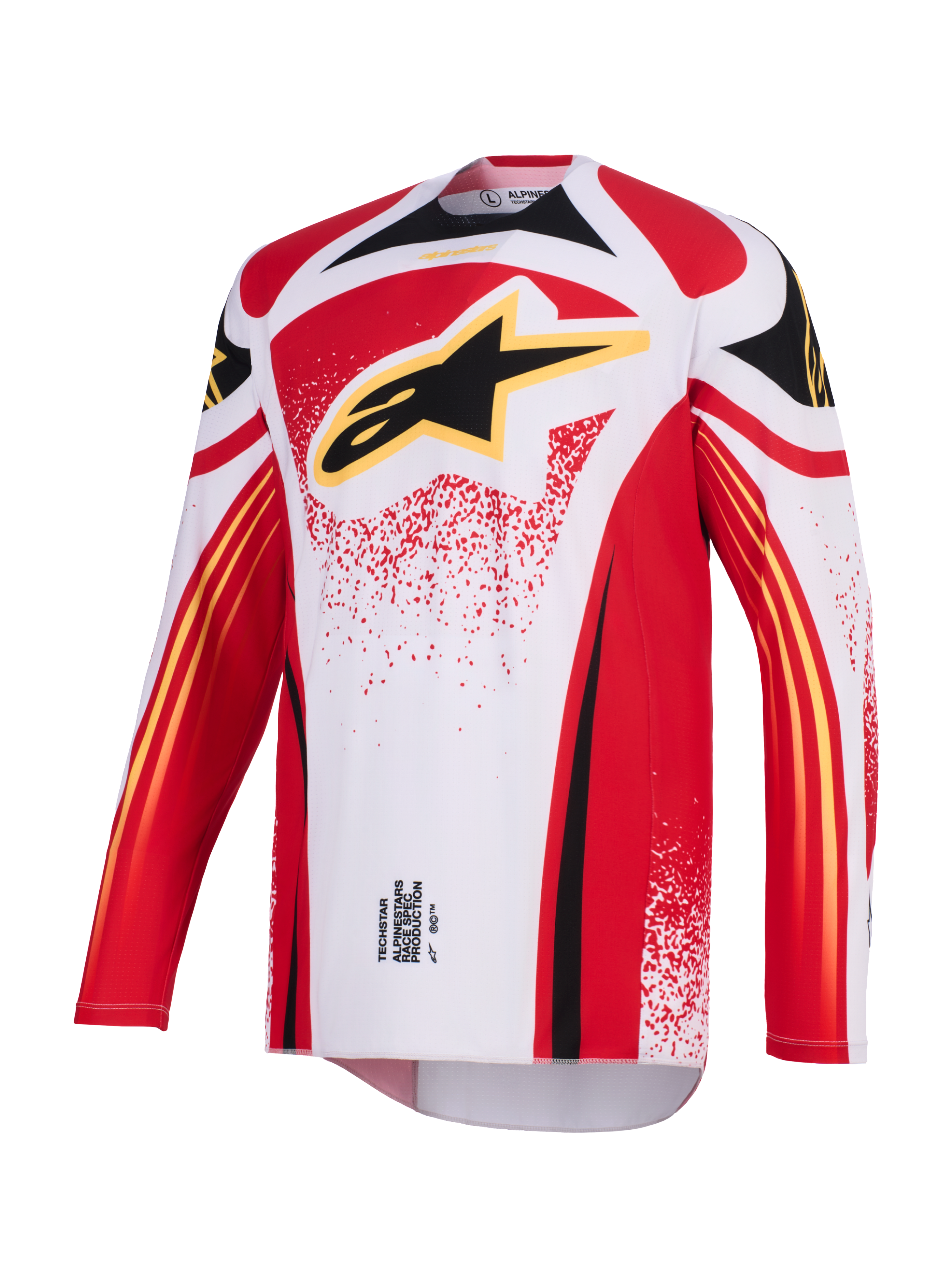 Alpinestars 2026 Techstar Nomur Jersey, maglia da motocross, bianco, rosso e nero, con grande logo Astar nero con bordo giallo sul petto, vestibilità atletica race fit a maniche lunghe e grafiche per corse off-road
