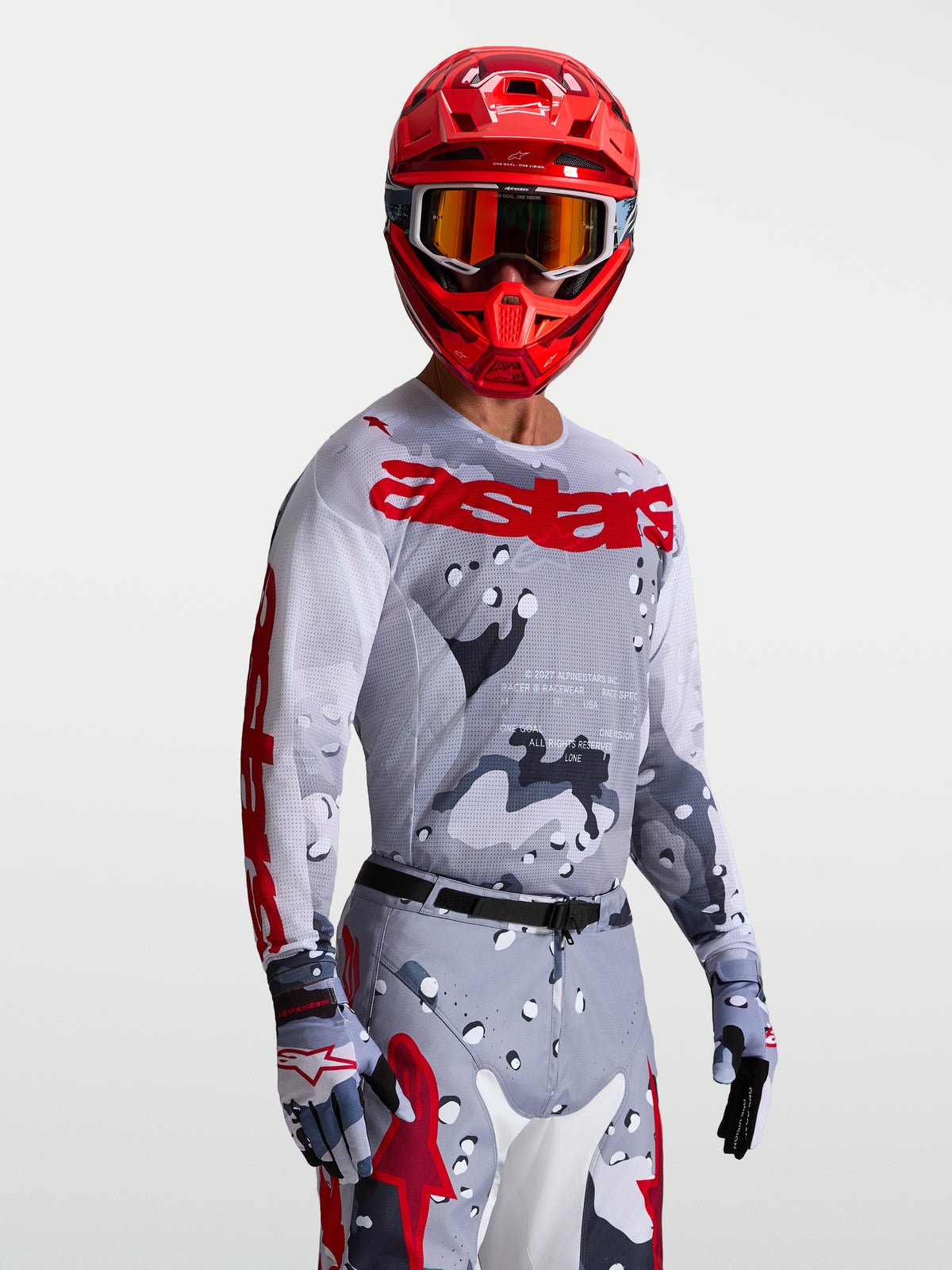 Alpinestars Maglia Racer Air Lone, maglia da motocross da uomo, grigio camo e rosso, in mesh traspirante
