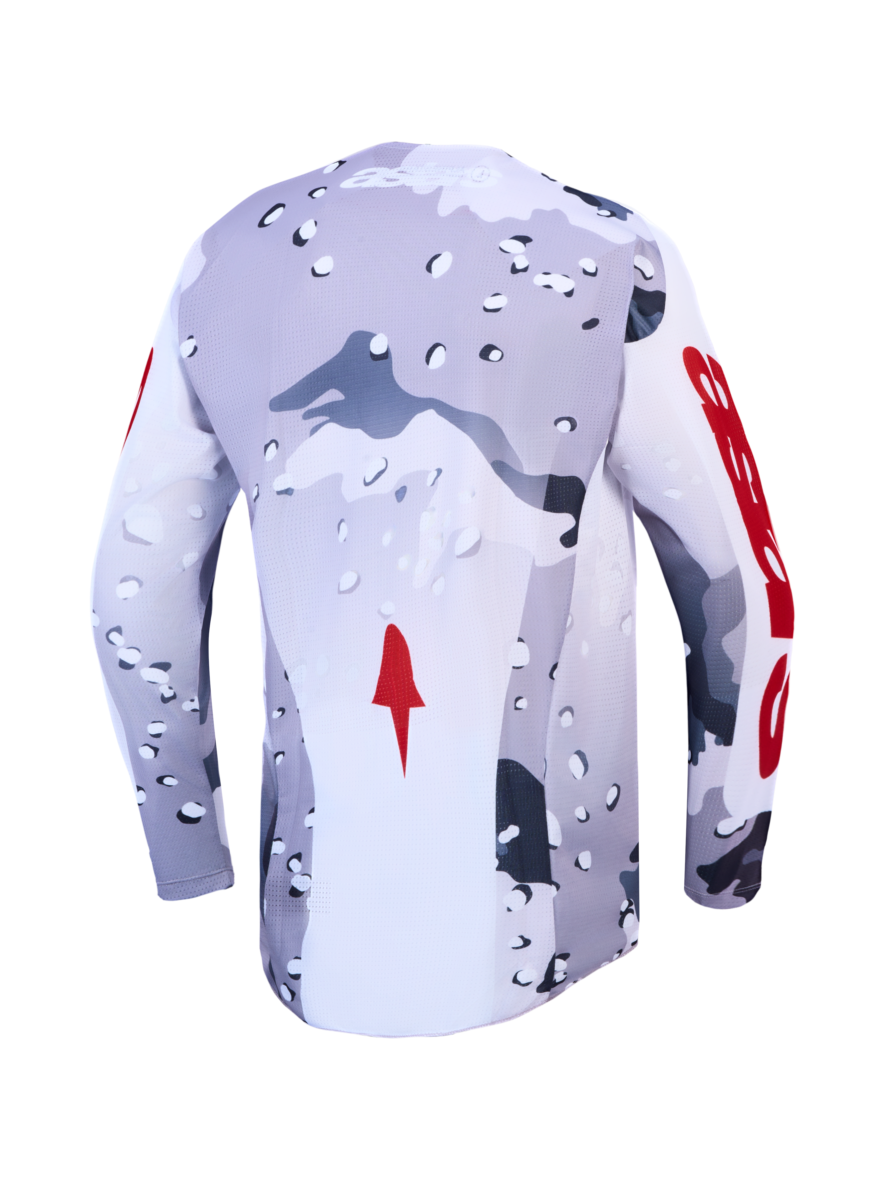 Alpinestars Maglia Racer Air Lone, maglia da motocross per uomo, grigio camo e rosso, vista posteriore, costruzione in mesh traspirante per ventilazione e comfort off-road.