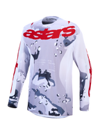 Alpinestars Maglia Racer Air Lone, maglia da motocross mimetica grigia e rossa, con mesh ventilata per prestazioni off-road.