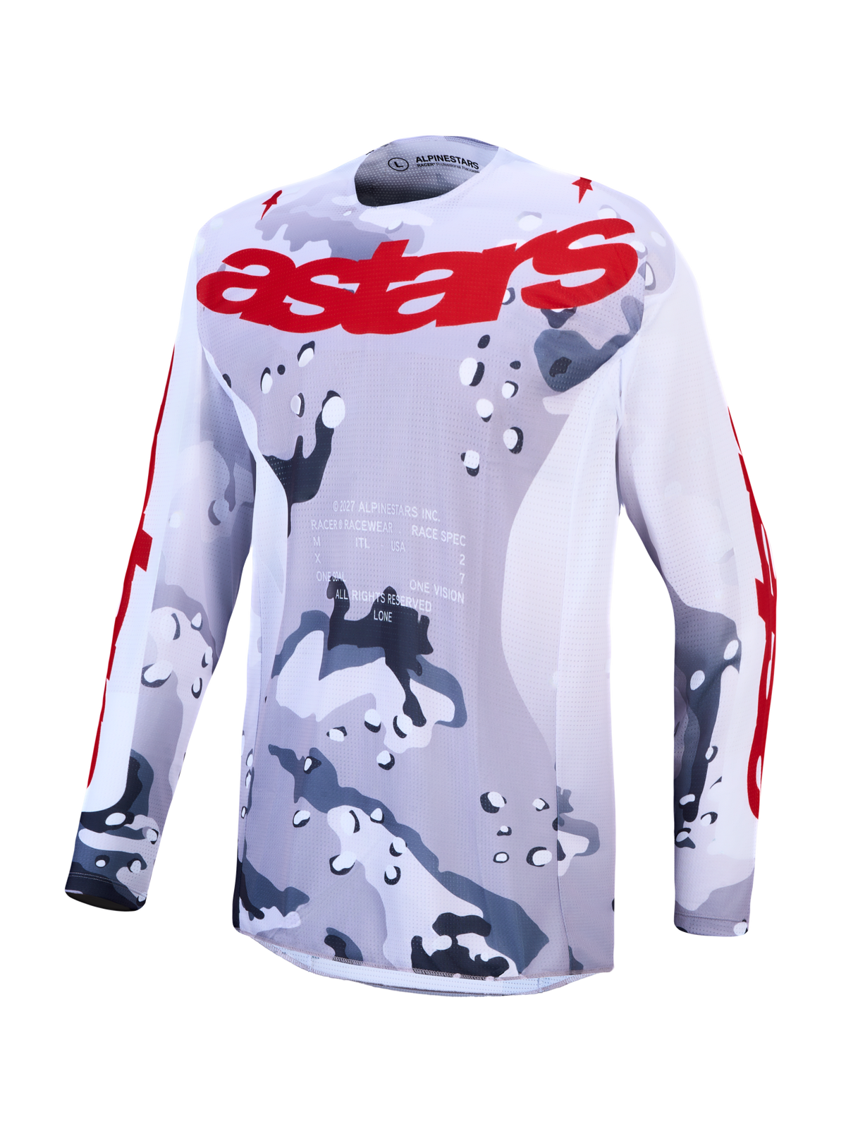 Alpinestars Racer Air Lone Jersey, Men's Motocross Jersey, Gray Camo and White, lightweight breathable mesh construction.