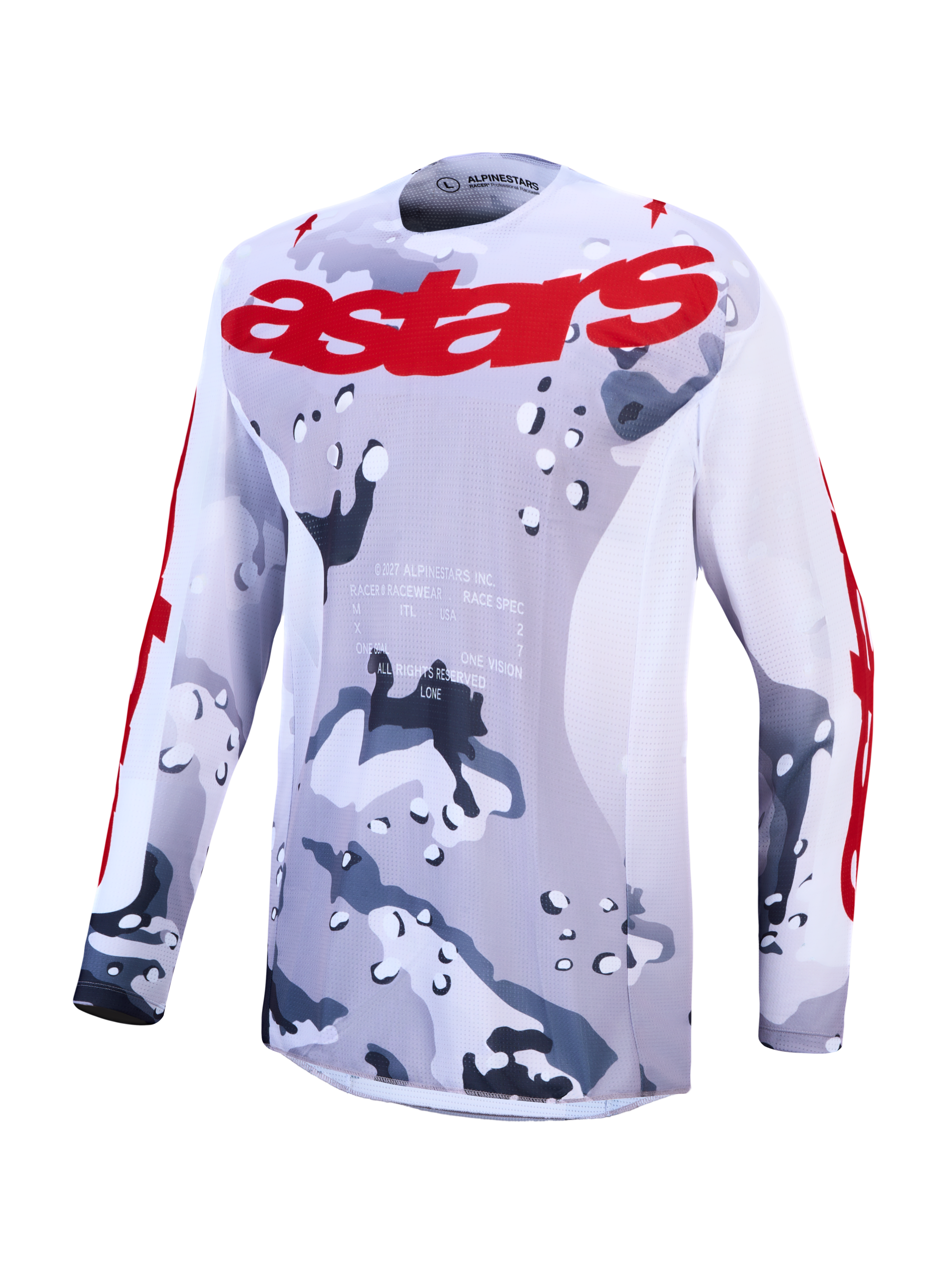 Alpinestars Maglia Racer Air Lone, maglia motocross da uomo, grigio camo e bianco, in mesh traspirante.