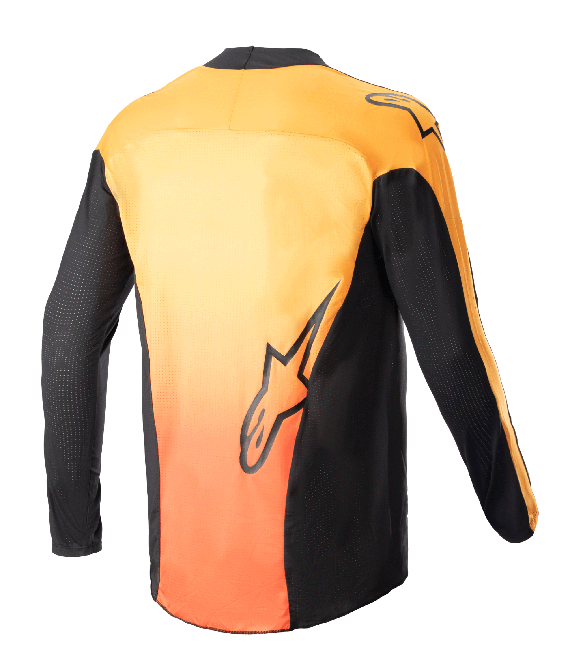 Alpinestars Techstar Sein Jersey 2023, maglia da motocross, nero e arancione vivace, vista posteriore che mostra il retro con sfumatura arancione, pannelli laterali e maniche neri, con grafiche del logo Alpinestars sulla parte bassa della schiena e sulla spalla.