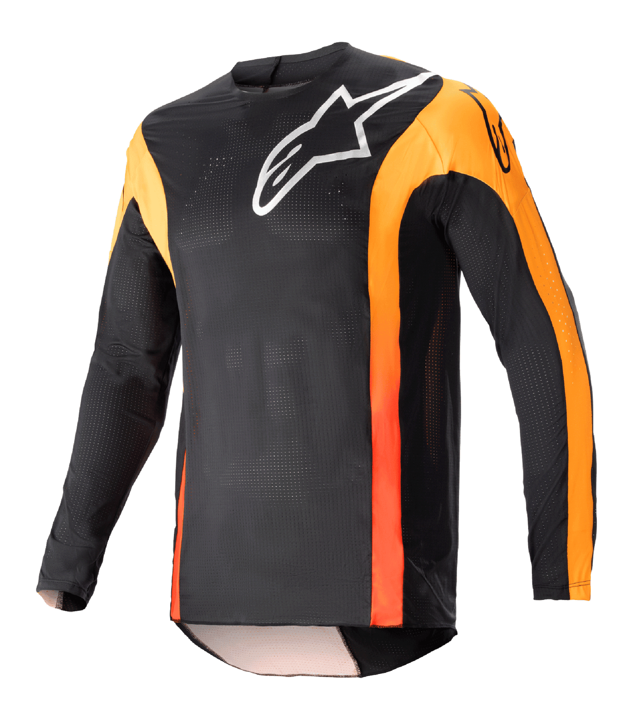 Alpinestars Maglia Techstar Sein 2023, maglia da motocross a maniche lunghe, nero con accenti Hot Orange, logo Alpinestars bianco sul petto, tessuto mesh leggero e traspirante, vestibilità atletica da gara