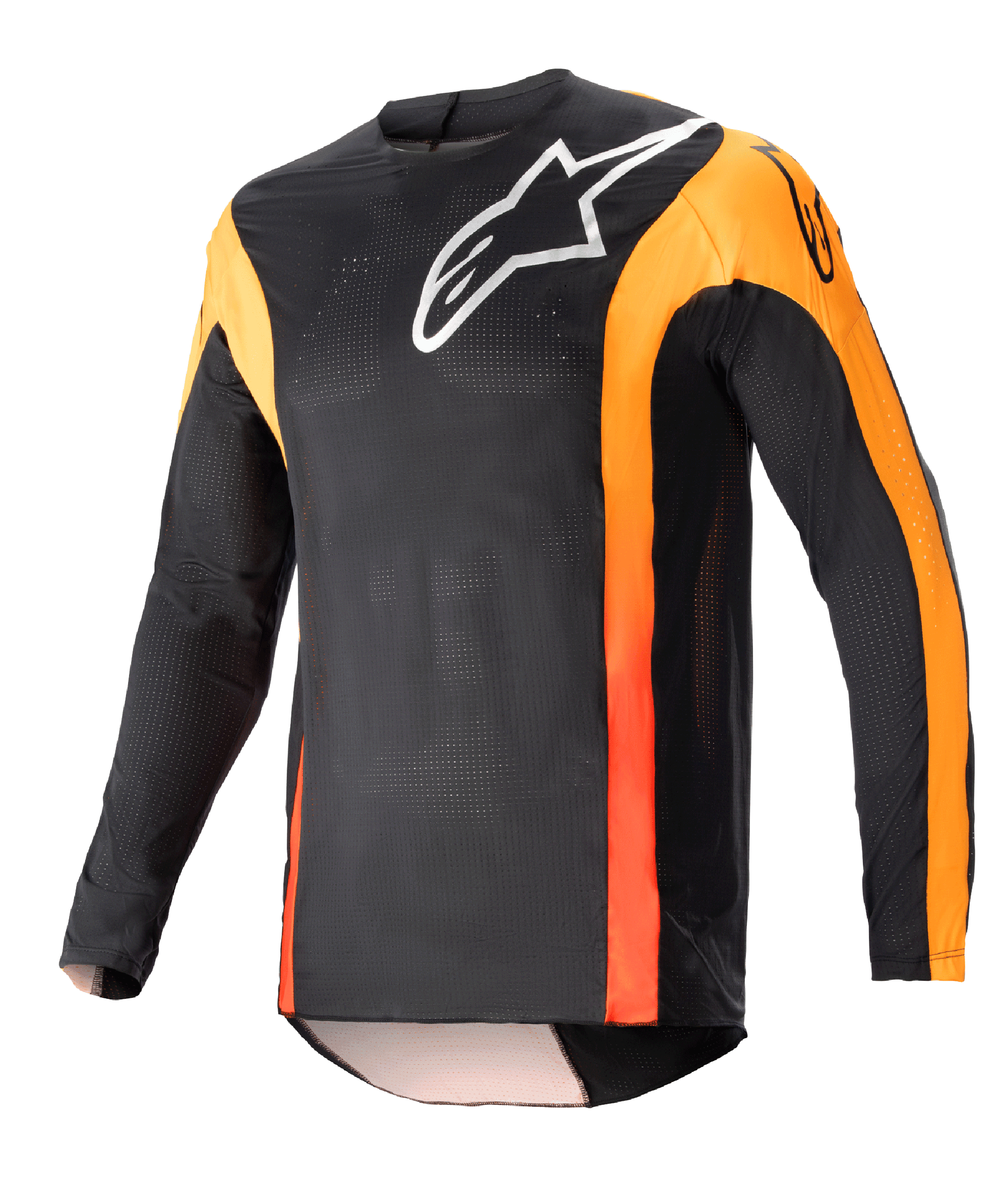 Alpinestars Maglia Techstar Sein 2023, maglia da motocross a maniche lunghe, nero con accenti Hot Orange, logo Alpinestars bianco sul petto, tessuto mesh leggero e traspirante, vestibilità atletica da gara