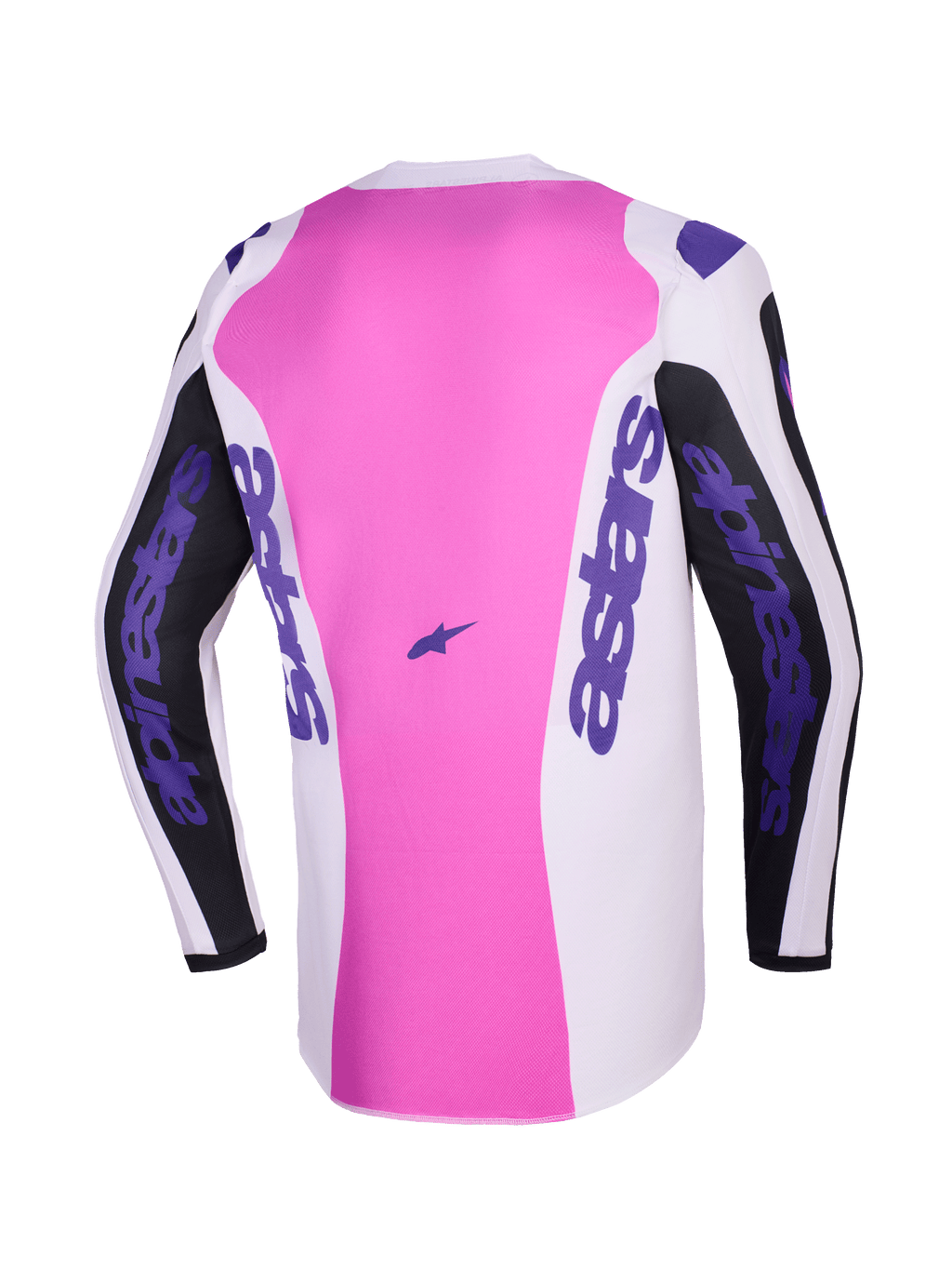 Alpinestars 2026 Fluid Grid Jersey, vista posteriore, maglia da motocross, nero, grigio chiaro e viola, pannello centrale rosa con sezioni bianche e nere, branding Alpinestars viola sulle maniche e sui lati, costruzione in poliestere traspirante