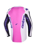 Alpinestars 2026 Fluid Grid Jersey, vista posteriore, maglia da motocross, nero, grigio chiaro e viola, pannello centrale rosa con sezioni bianche e nere, branding Alpinestars viola sulle maniche e sui lati, costruzione in poliestere traspirante