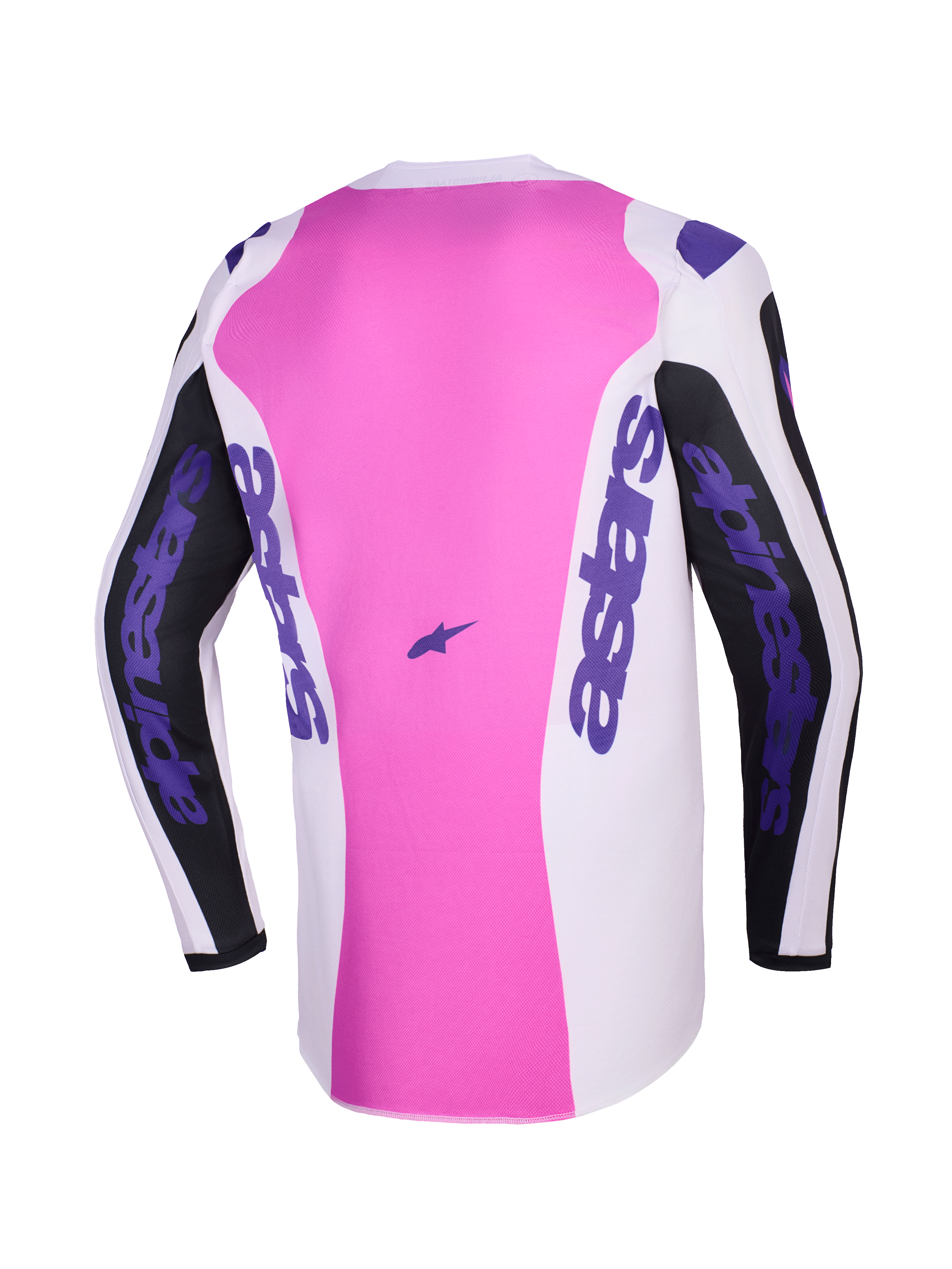 Alpinestars 2026 Fluid Grid Jersey, vista posteriore, maglia da motocross, nero, grigio chiaro e viola, pannello centrale rosa con sezioni bianche e nere, branding Alpinestars viola sulle maniche e sui lati, costruzione in poliestere traspirante