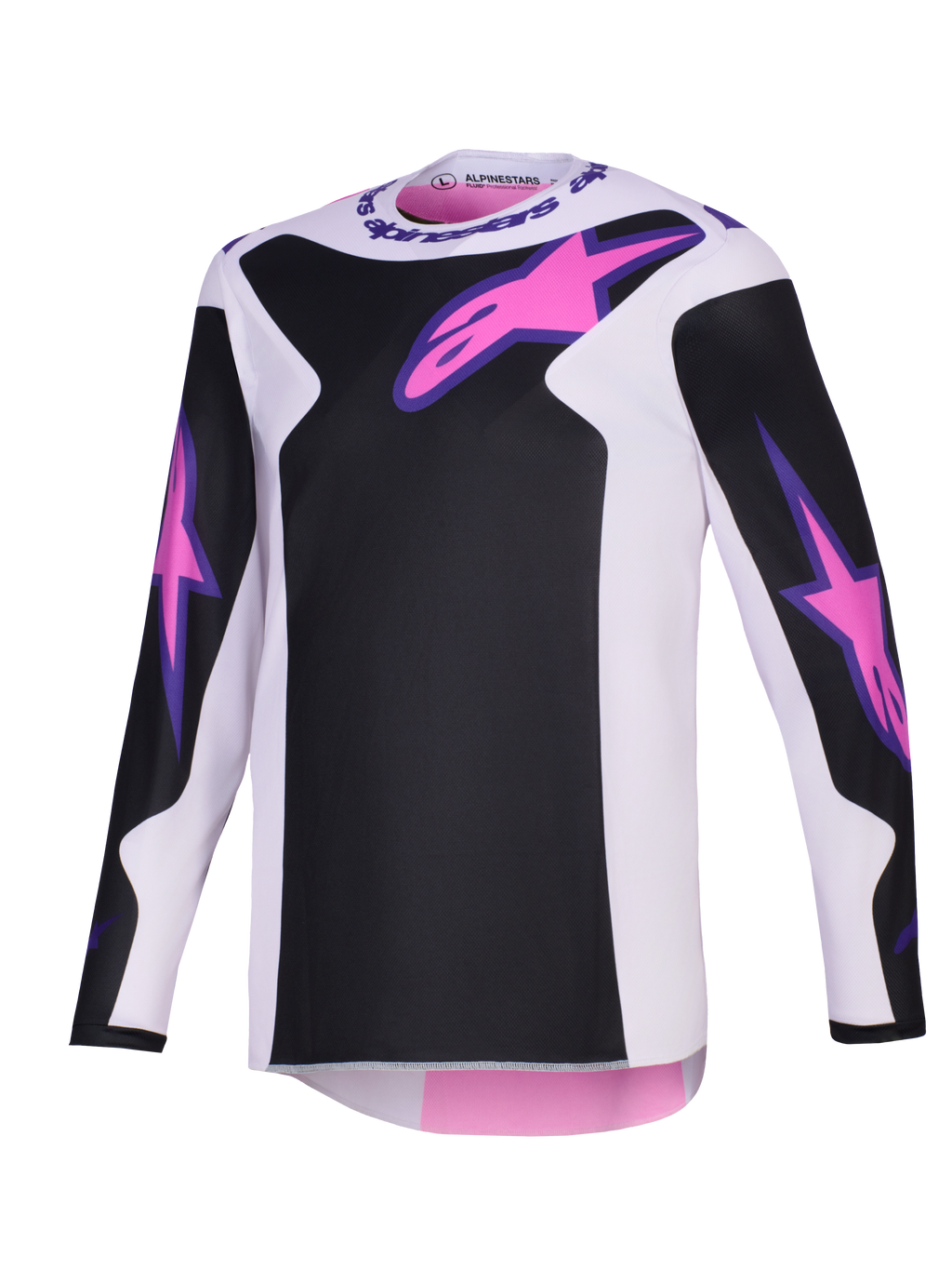 Alpinestars 2026 Fluid Grid Jersey, maglia da motocross, nero, grigio chiaro e viola, con loghi Astars rosa sul petto e sulle maniche, pannelli neri su base grigio chiaro, vestibilità atletica a maniche lunghe per la guida off-road
