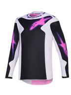 Alpinestars 2026 Fluid Grid Jersey, maglia da motocross, nero, grigio chiaro e viola, con loghi Astars rosa sul petto e sulle maniche, pannelli neri su base grigio chiaro, vestibilità atletica a maniche lunghe per la guida off-road