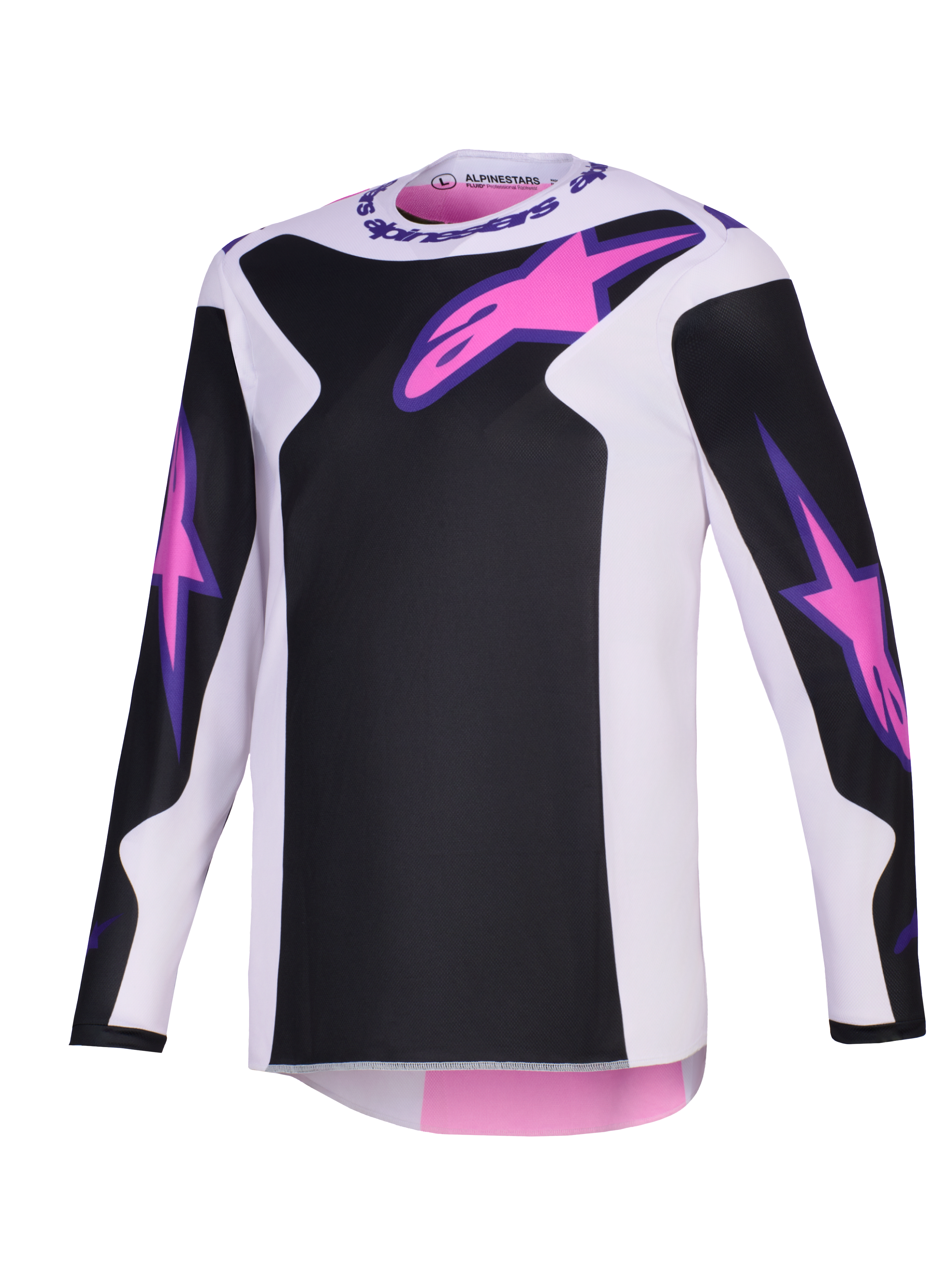 Alpinestars 2026 Fluid Grid Jersey, maglia da motocross, nero, grigio chiaro e viola, con loghi Astars rosa sul petto e sulle maniche, pannelli neri su base grigio chiaro, vestibilità atletica a maniche lunghe per la guida off-road