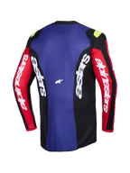 Alpinestars 2026 Fluid Grid Jersey, vista posteriore, maglia da motocross in rosso, nero e viola, con branding Alpinestars bianco sulle maniche e sui pannelli laterali, piccoli accenti giallo neon sulle spalle, abbigliamento tecnico traspirante da fuoristrada