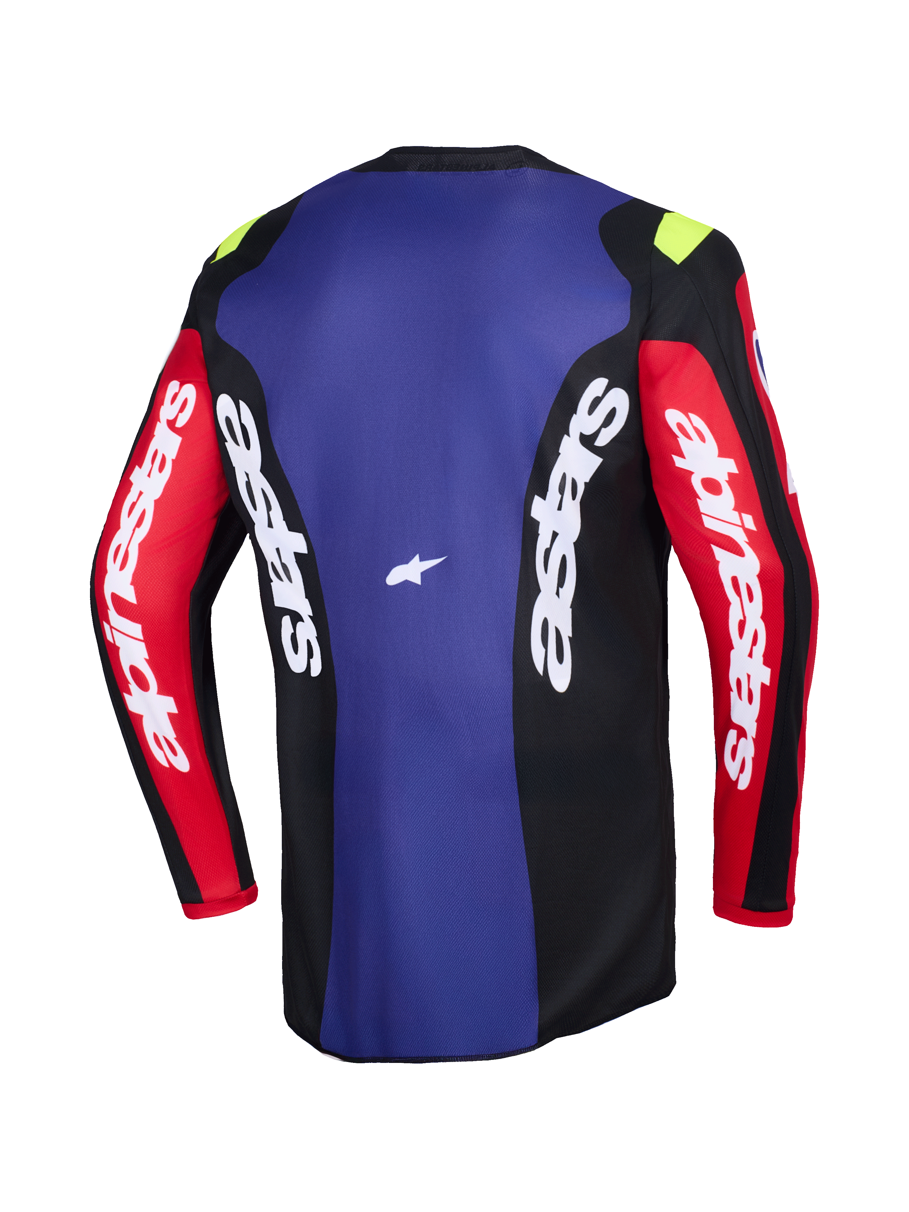 Alpinestars 2026 Fluid Grid Jersey, vista posteriore, maglia da motocross in rosso, nero e viola, con branding Alpinestars bianco sulle maniche e sui pannelli laterali, piccoli accenti giallo neon sulle spalle, abbigliamento tecnico traspirante da fuoristrada