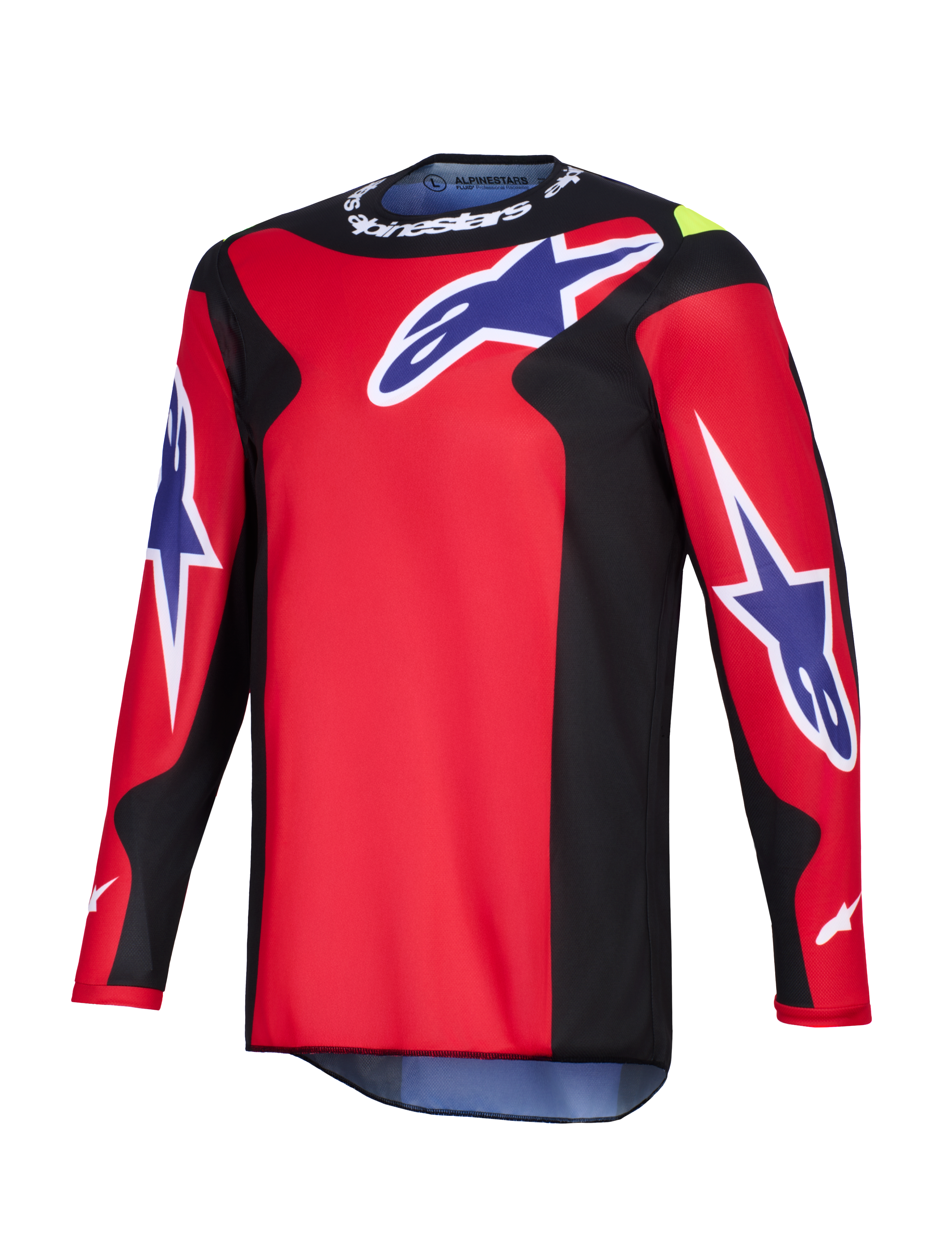 Alpinestars 2026 Fluid Grid Jersey, maglia da motocross, rosso, nero e viola, con grandi loghi Astars viola sul petto e sulle maniche, pannelli laterali neri e branding Alpinestars bianco sul colletto, costruzione in poliestere tecnico.