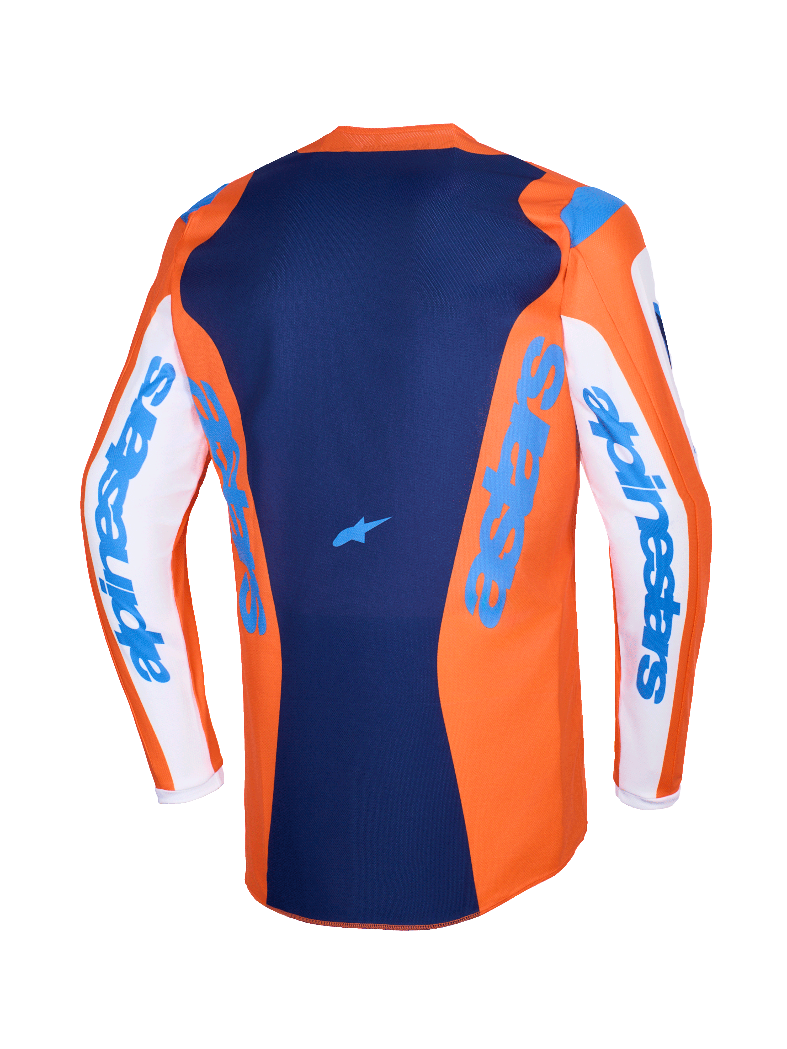 Alpinestars 2026 Fluid Grid Jersey, maglia da motocross, arancione e blu UCLA, maniche bianche con marchio Alpinestars blu, pannello posteriore blu scuro con piccolo logo a stella, taglio posteriore allungato per la guida off-road